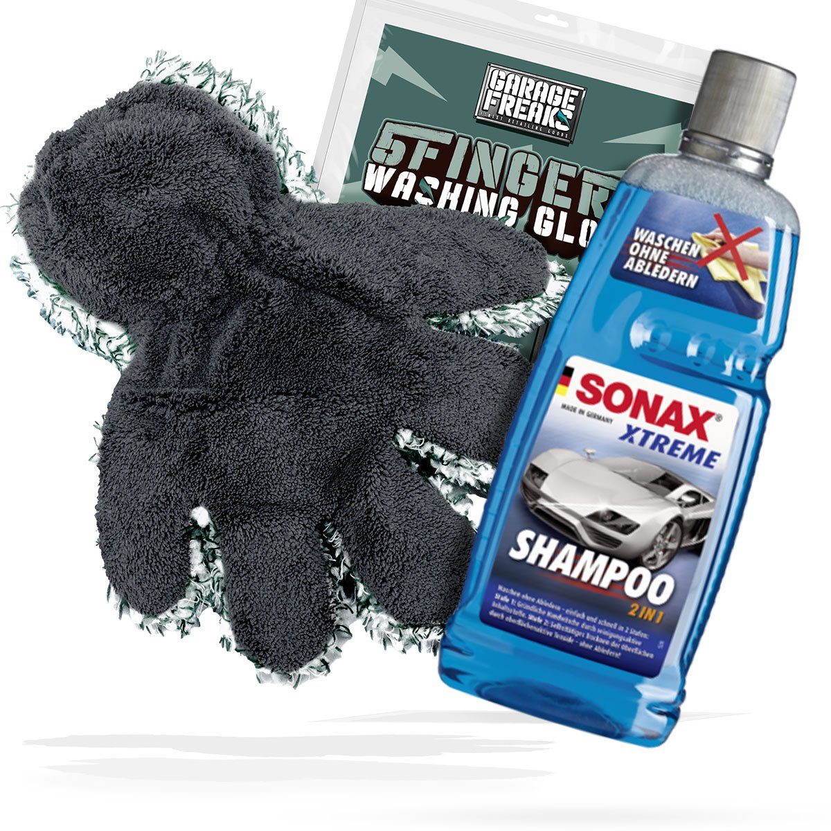 detailmate Garage Freaks 5 Finger Waschhandschuh Autoshampoo SONAX Shampoo 2in1 Autoshampoo (Set, [- Frottierhandschuh - Mikrofaser - Auto Reinigung Wasch Set)