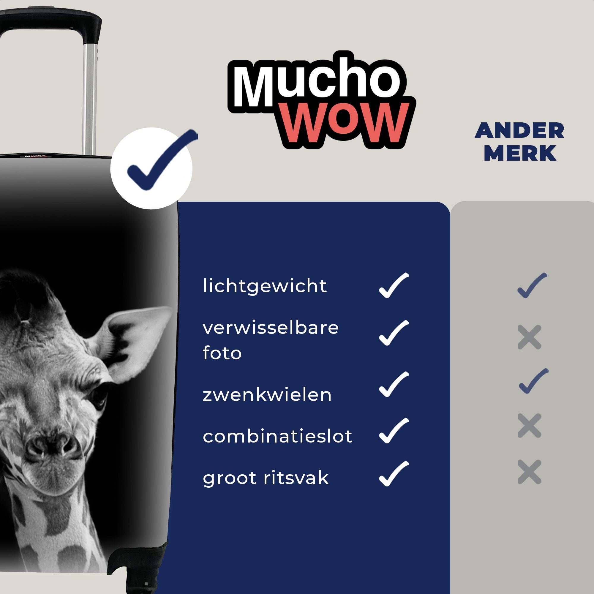 Ferien, MuchoWow Handgepäckkoffer - Schwarz Reisekoffer mit - Weiß Giraffe Handgepäck rollen, - - Porträt, Reisetasche 4 für Trolley, Rollen, Tiere