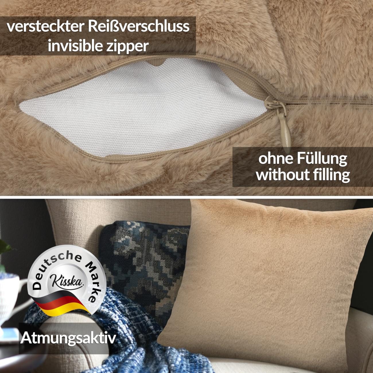 ANRO Dekokissen PLÜSCH Bär Schlicht Kunstfell Sofakissen Kuschelkissen Flauschig, sehr weich & kuschelig 30x50cm OHNE Füllung Uni-Einfarbig Beige