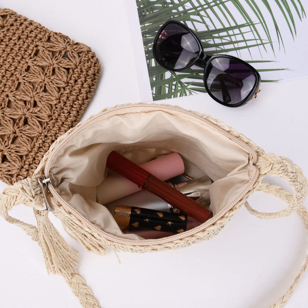 Oemmn Schultertasche Strandtasche für Damen, gehäkelte Sommertasche,Sommertasche, Geflochtene Tasche Boho,Vintage Strandtasche aus Stroh mit Quaste
