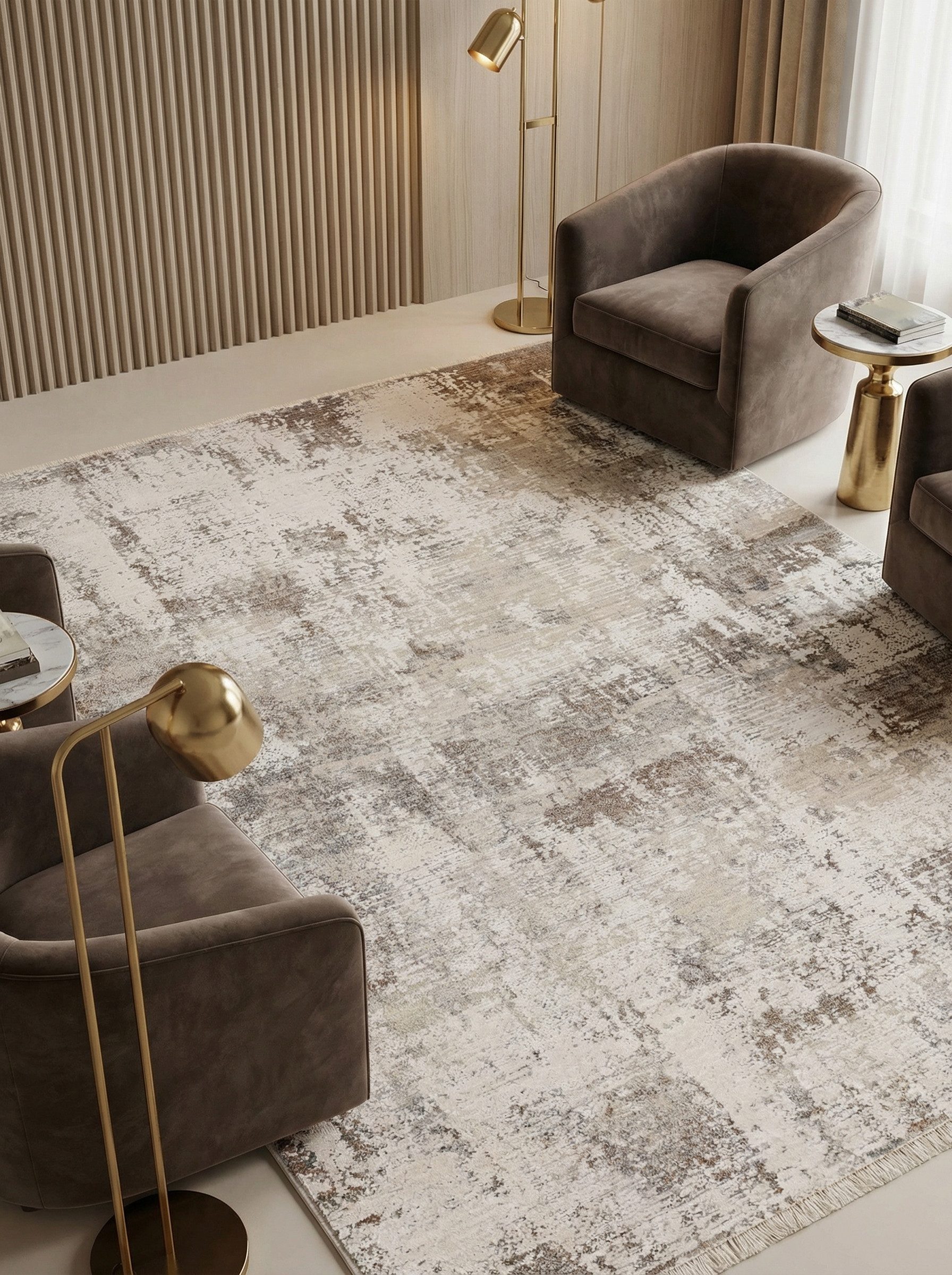 KADIMA DESIGN Teppich Abstrakter Veloursteppich, Naturtöne (Beige/Hellblau), Pflegeleicht, Rechteckig, Höhe: 18 mm, Rutschfester Baumwollrücken, Schallabsorbierend, Pflegeleicht