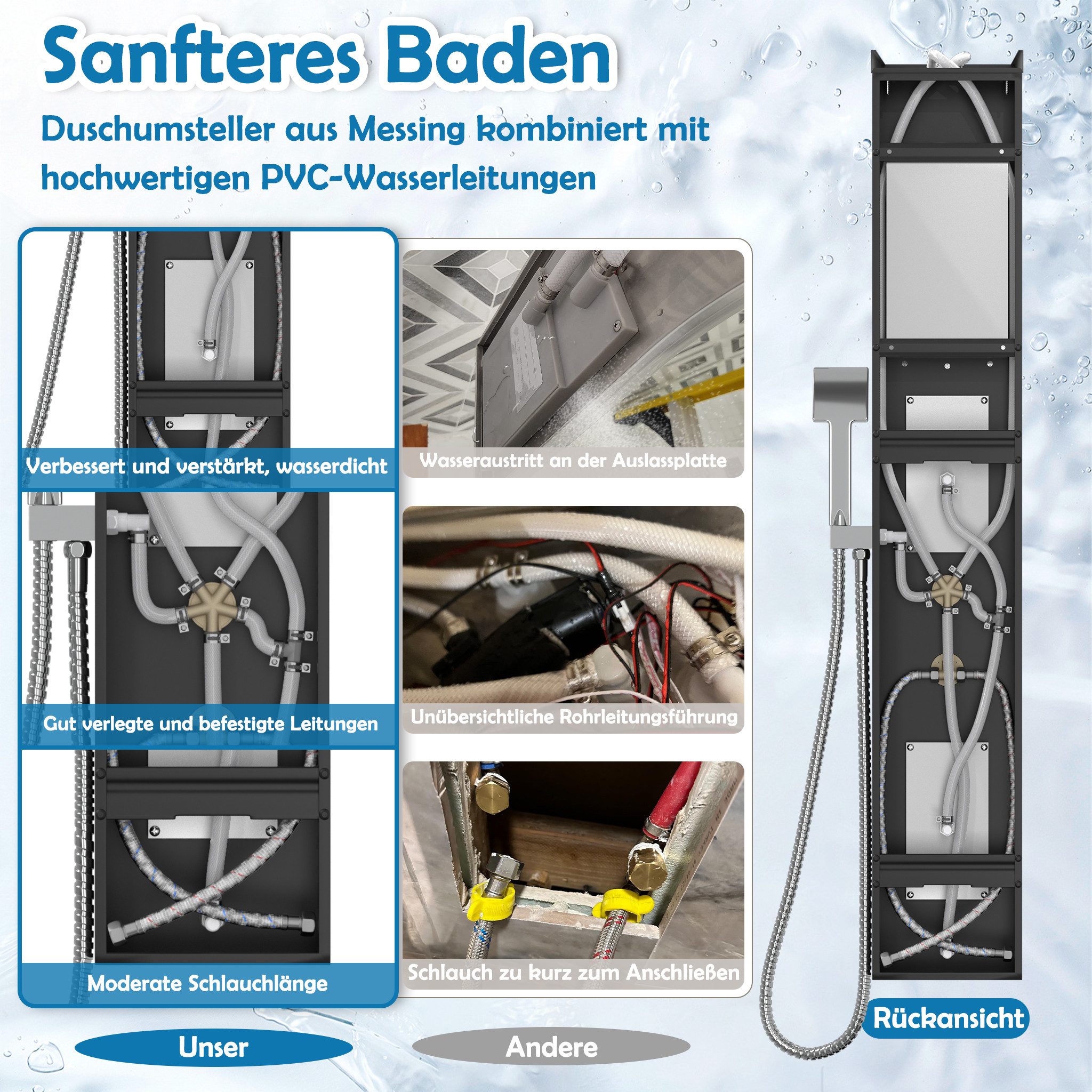 FIVMEN Duschsystem 5‑in‑1 Duschpaneel aus Gebürstetem Edelstahl Regendusche Wasserfall, Rückenmassage Handbrause multifunktional einfache Wandmontage – Bild 5 von 5