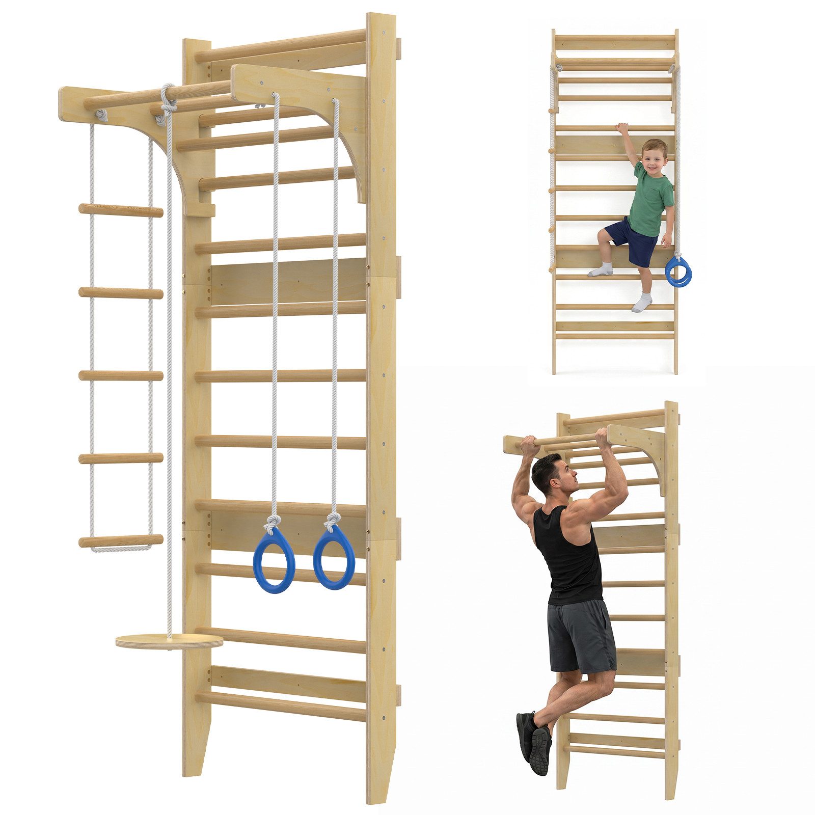 Hausright Sprossenwand für Erwachsene und Kinder, Höhenverstellbar Klimmzugstange Kletterwand, (Klettergerüst, Sprossenwand, Klimmzugstange), Gymnastikstange aus Holz Wandmontage