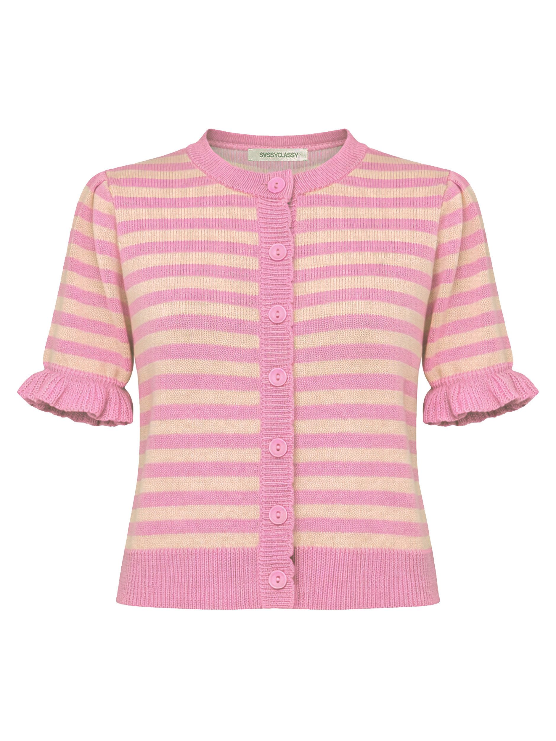 SASSYCLASSY Cardigan Gestreifte Kurzarm-Strickjacke mit Volants Damen Versp günstig online kaufen