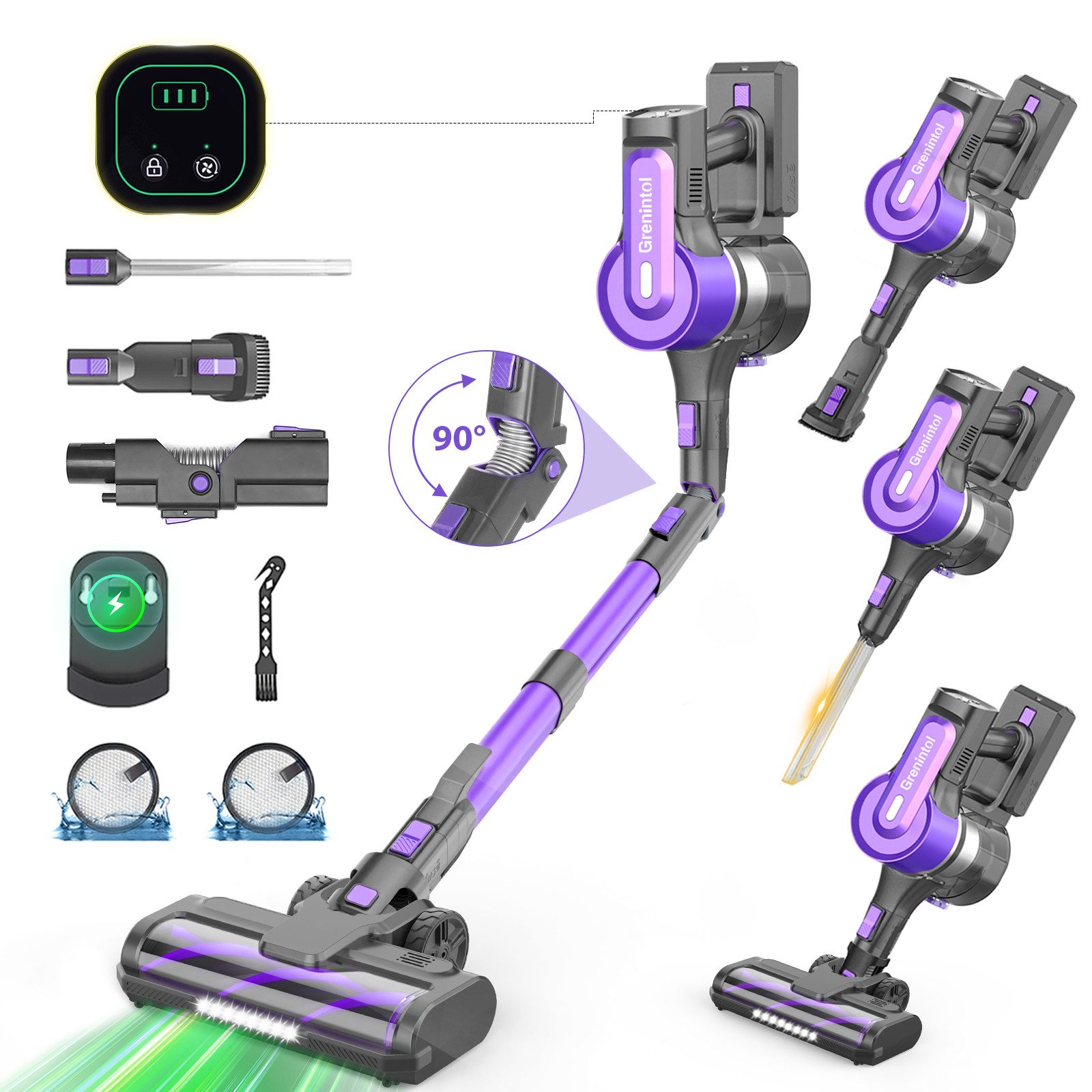 Grenintol Akku-Hand-und Stielstaubsauger Akku Staubsauger,75000Pa,500W Kabelloser Staubsauger,Akkustaubsauger, 500 W, beutellos, 8 in 1Staubsauger Hepa*4, Handstaubsauger mit Auto-Modus und ECO-Modus