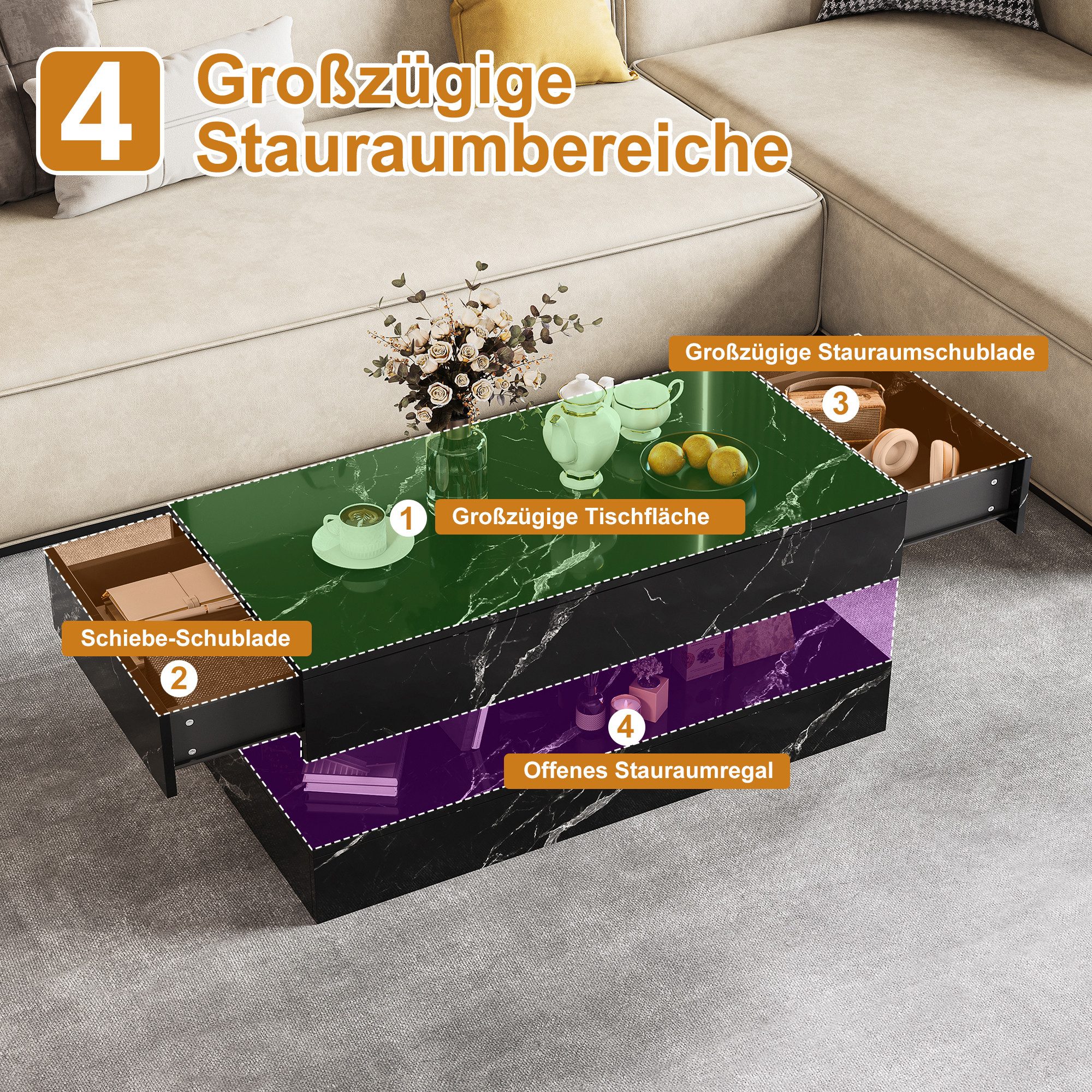 BELUPAI Couchtisch Wohnzimmertisch Hochglanz Tischplatte in Marmoroptik mit LED (Beistelltisch mit LED-Beleuchtung, Kaffeetisch mit 2 versteckten Schubladen), Sofatisch für Wohnzimmer, Schlafzimmer, Büro, Schwarz