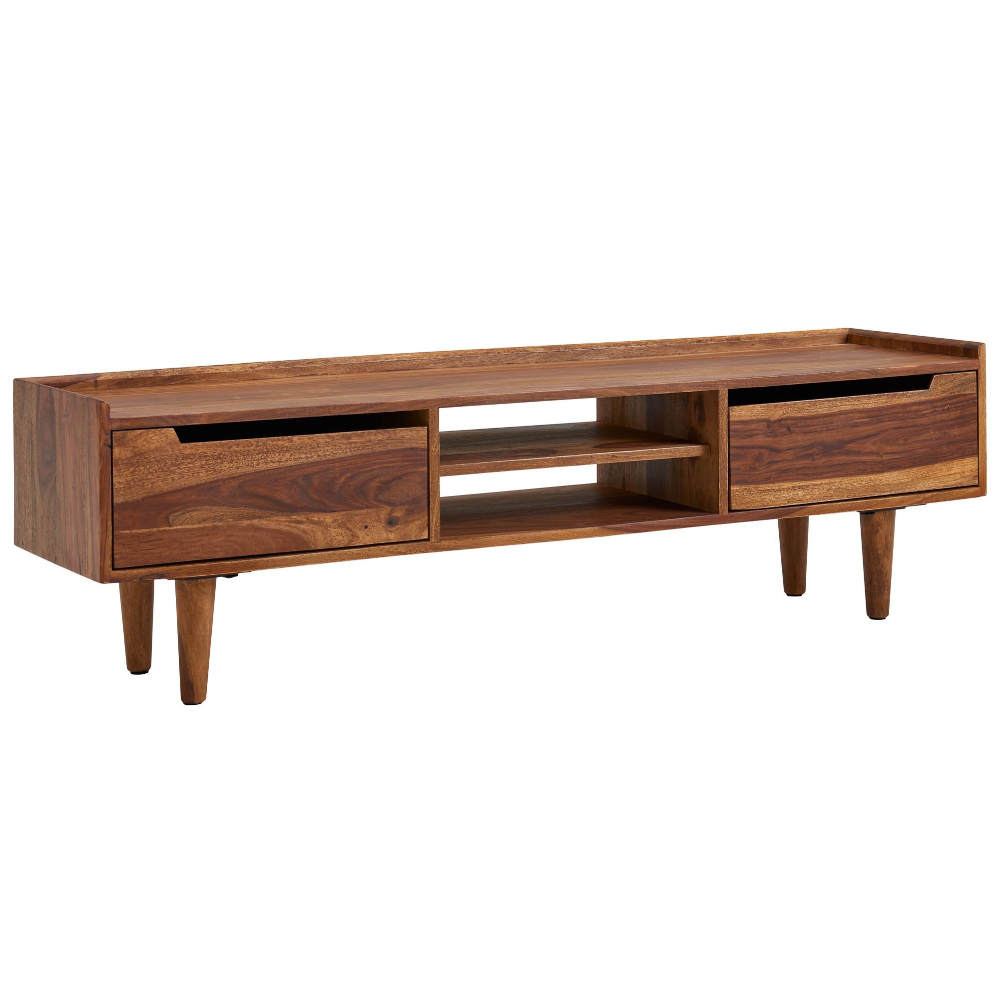 furnicato Lowboard TV-Unterschrank Massivholz, Walnuss Finish 145x43x35 cm (1 St), TV-Lowboard mit zwei Türfächern und offenen Ablageflächen