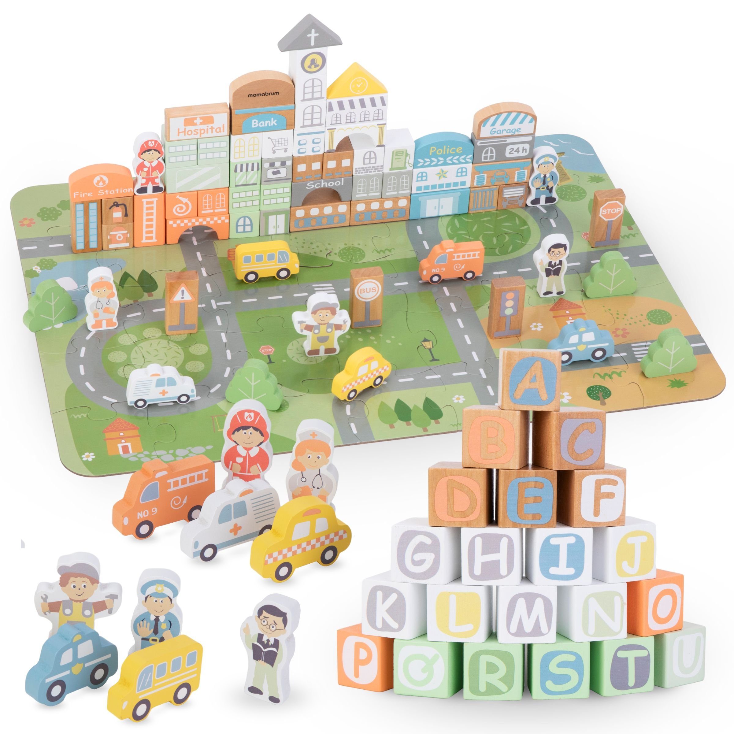 Stück Holzklötze Satz City 100 - Mamabrum Puzzle-Sortierschale XL