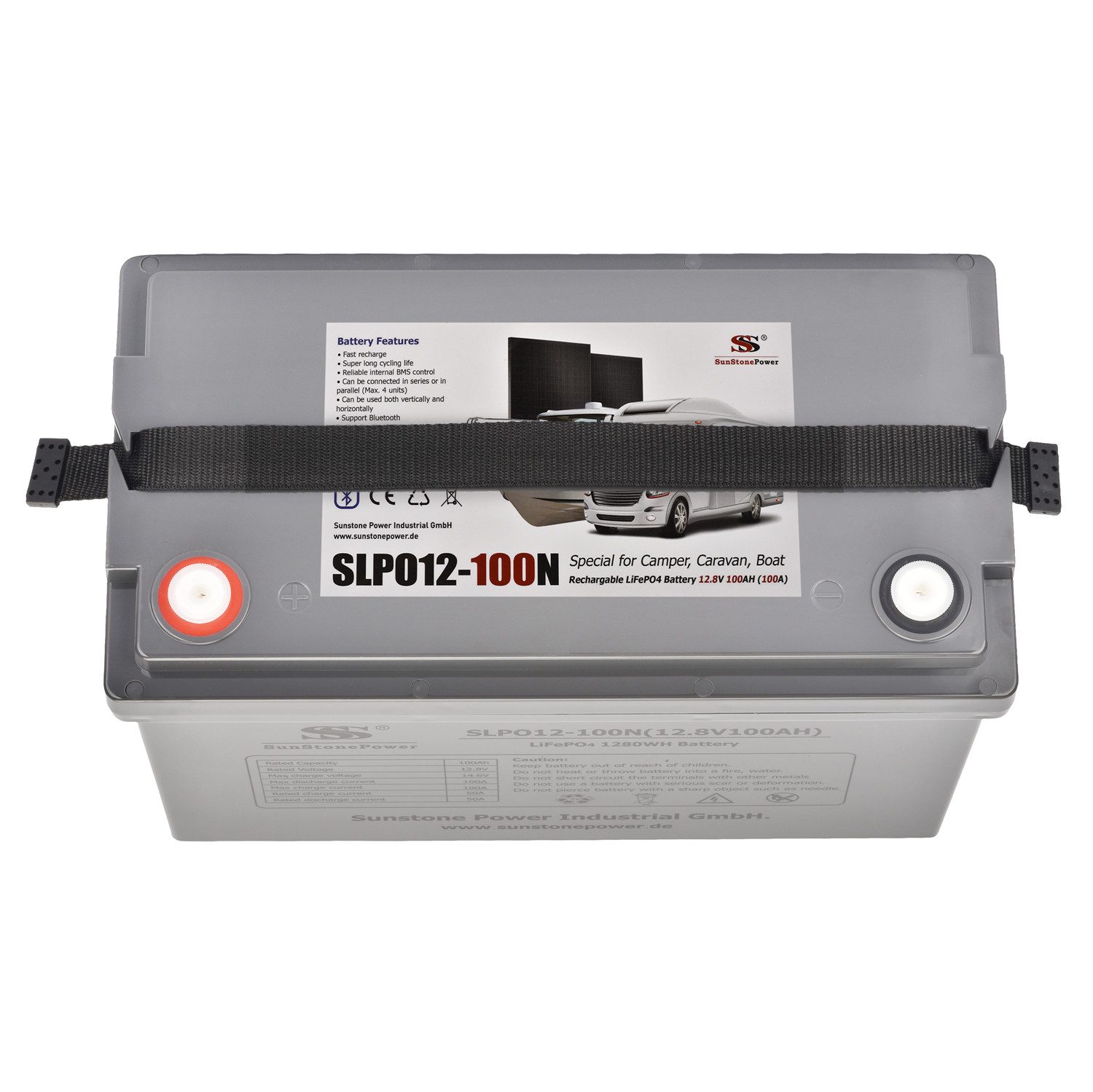 Sunstone Power 12V 100AH LiFePO4 Akkuspeicher für PV-Anlage vom Wohnmobil, 0% MWST Solarakkus 100000 mAh (12 V), Extrem zyklenfest, Wartungsfrei, mit Bluetooth und BMS