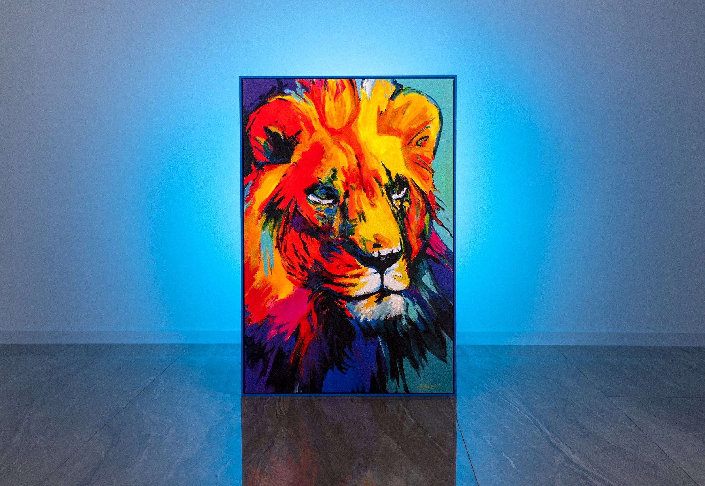 YS-Art Gemälde Mit Rahmen in Blau Abstraktion Löwengrazie