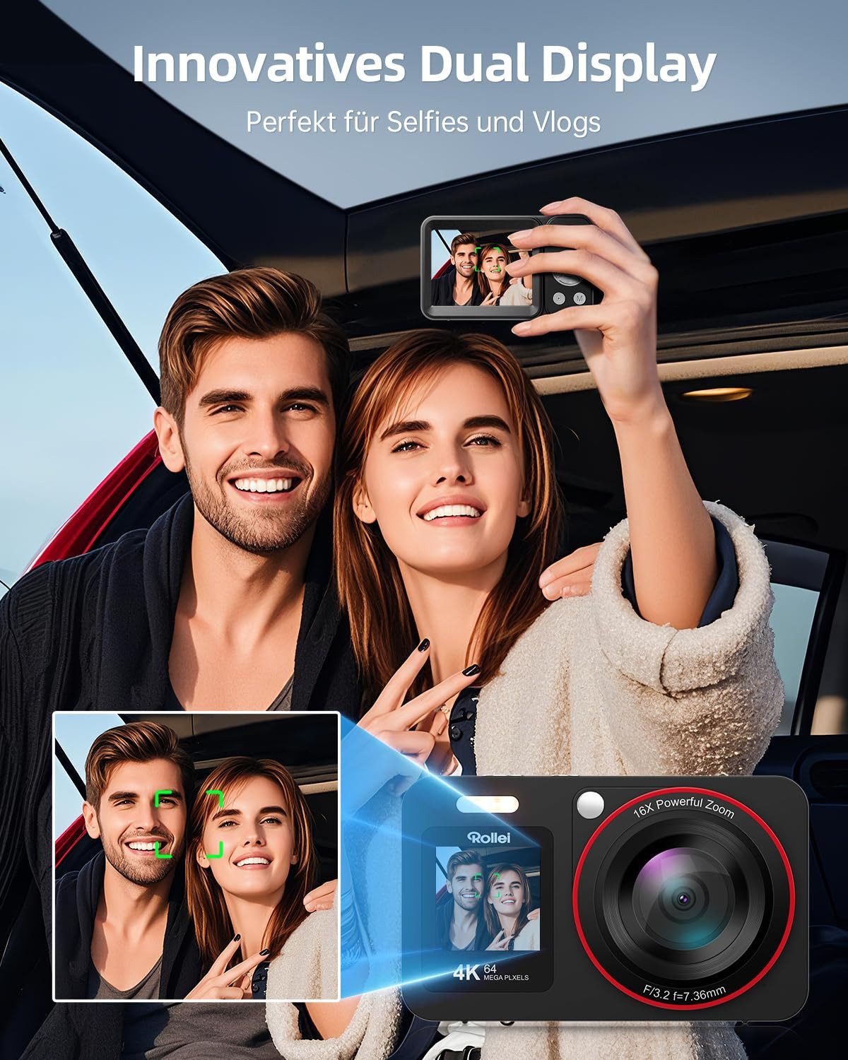 Rollei Compactline 64 Dual Screen Kompaktkamera (4K Video, 64 MP Kamera, Dual Screen, Micro-SD-Slot)