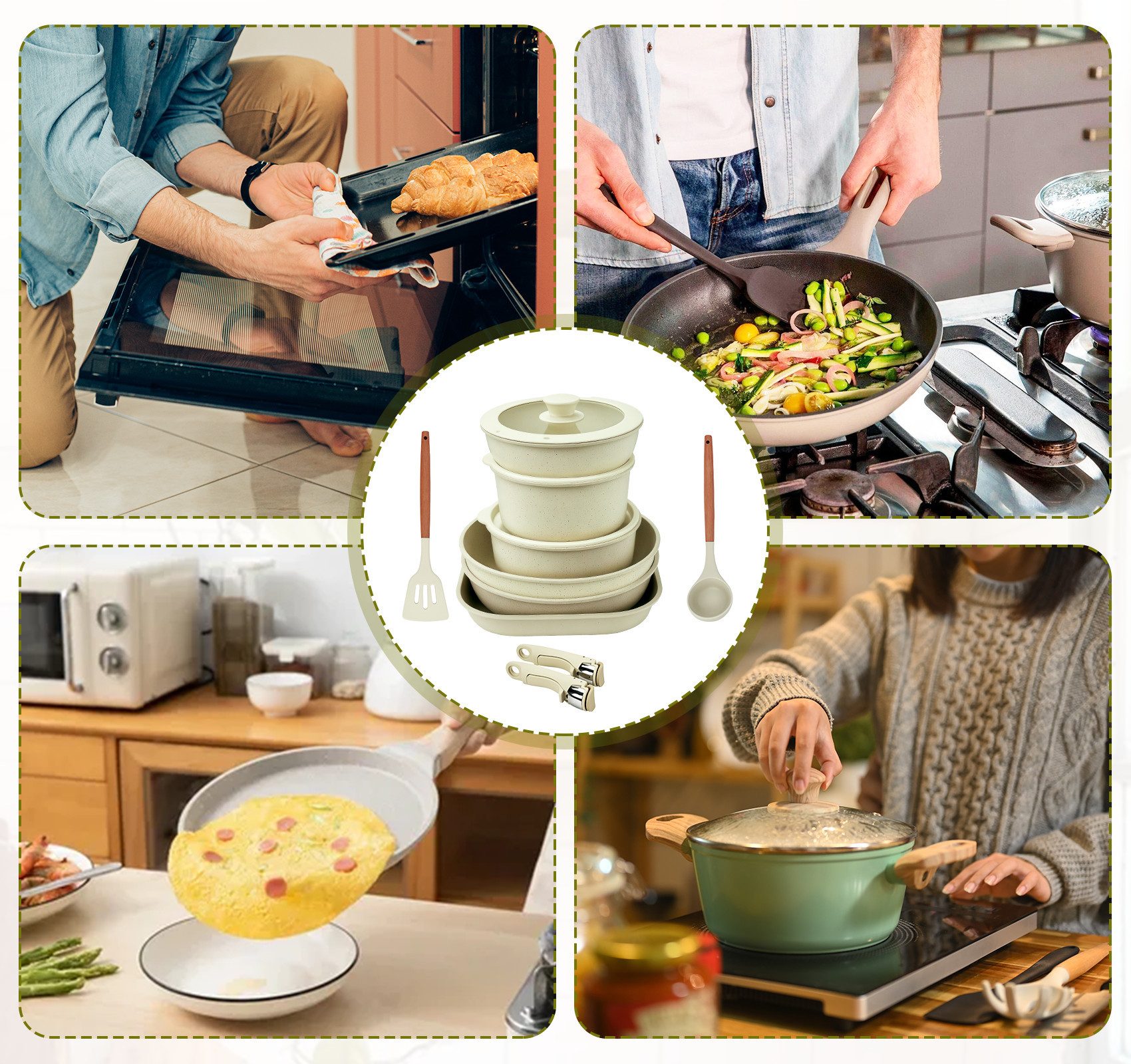 ElitVita Topf-Set Kochtopf set, mit Abnehmbarer Griff, Antihaft, Aluminiumguss, Aluminiumguss (Set, 23-tlg., 23-tlg.Ø20/26cm Pfanne, Ø26cm quadratische Backpfanne), mit Großer Löffel Spatel, für Alle Herdarten Backofenfest