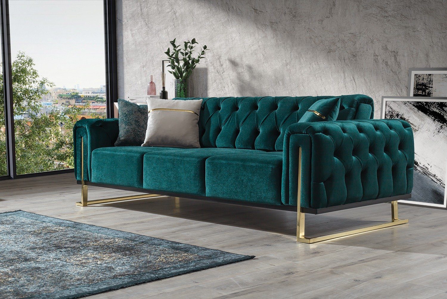 Villa Möbel 1 3-Sitzer, Quality Made Sofa Mikrofaser Samtstoff in Turkey, Petrolgrün Nova, Stk