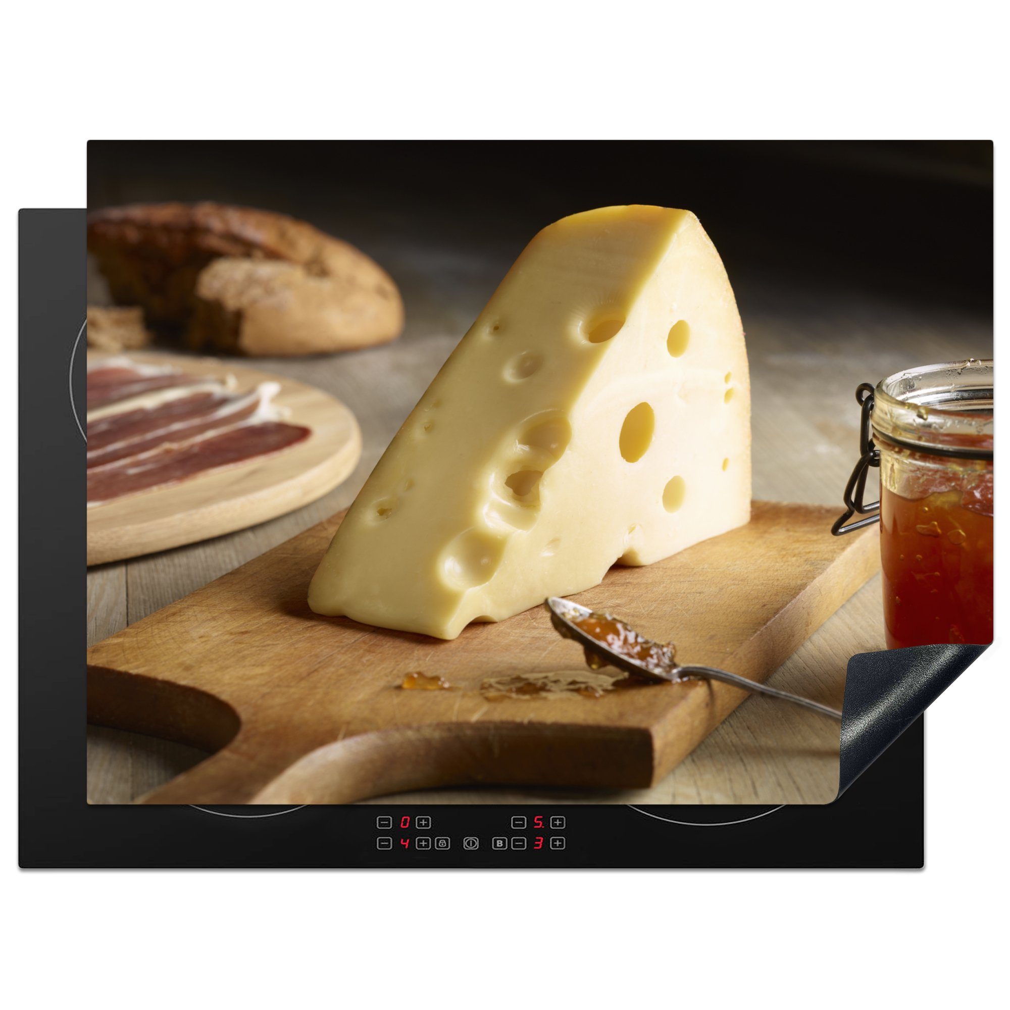 MuchoWow Herdblende-/Abdeckplatte Edamer Käse mit Curry, Vinyl, (1 tlg), 70x52 cm, Mobile Arbeitsfläche nutzbar, Ceranfeldabdeckung