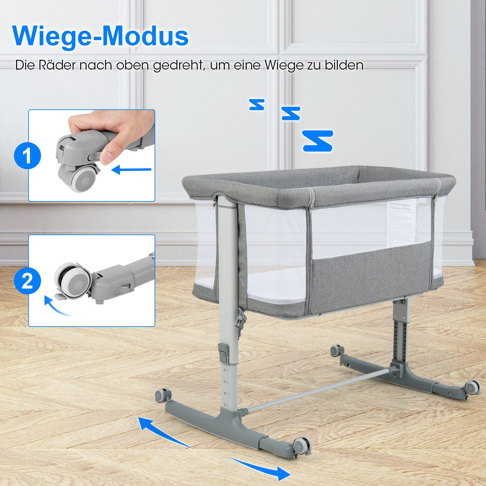 COSTWAY Beistellbett, 3 in 1 Babybett, Babywiege, 5-stufig höhenverstellbar