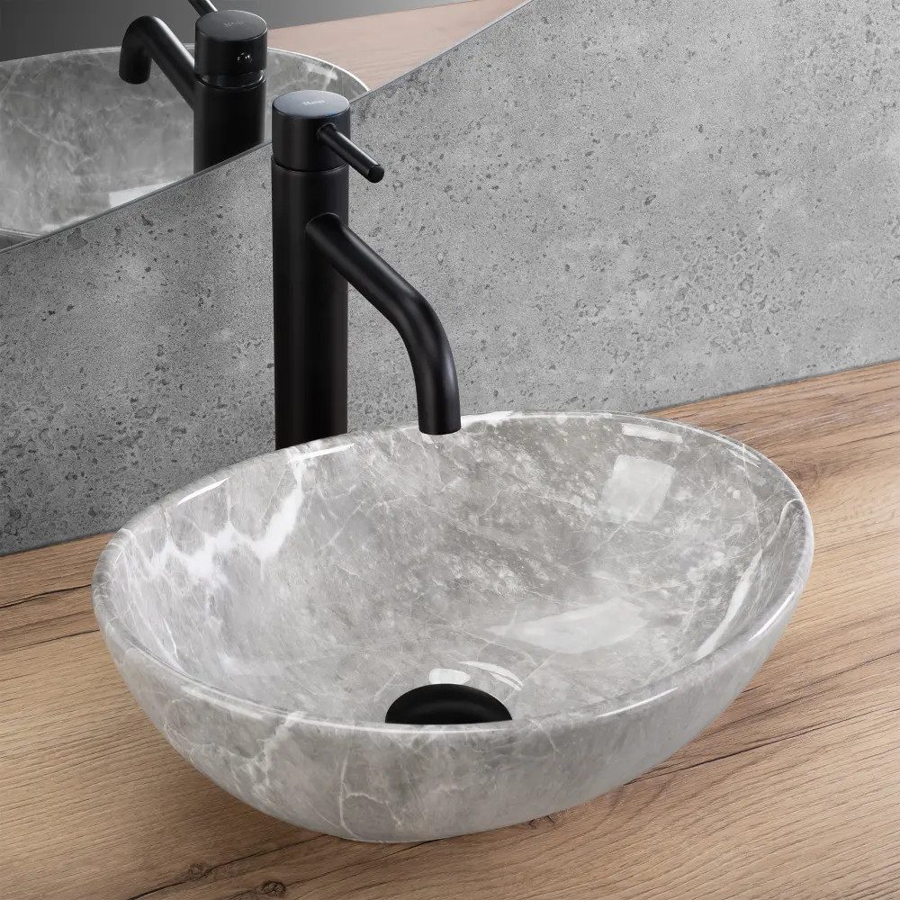 wohnwerk.idee Aufsatzwaschbecken Waschbecken Marmoroptik Oval Grau Glanz Keramik Design modern