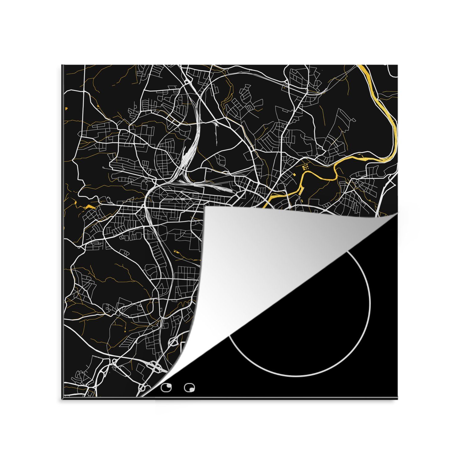 MuchoWow Herdblende-/Abdeckplatte Kassel - Deutschland - Karte - Stadtplan - Gold, Vinyl, (1 tlg), 78x78 cm, Ceranfeldabdeckung, Arbeitsplatte für küche