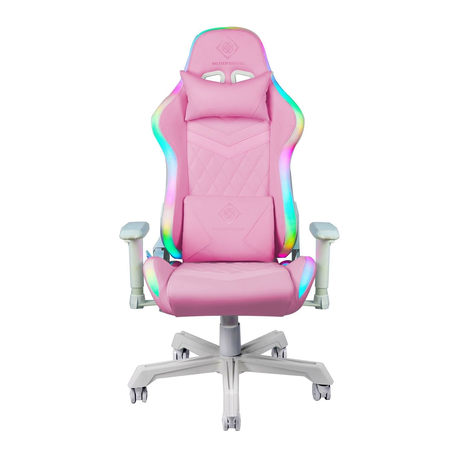 DELTACO Gaming-Stuhl Gaming Stuhl GAM-080 RGB Beleuchtung Kunstleder Nackenkissen (kein Set), inkl. 5 Jahre Herstellergarantie pink
