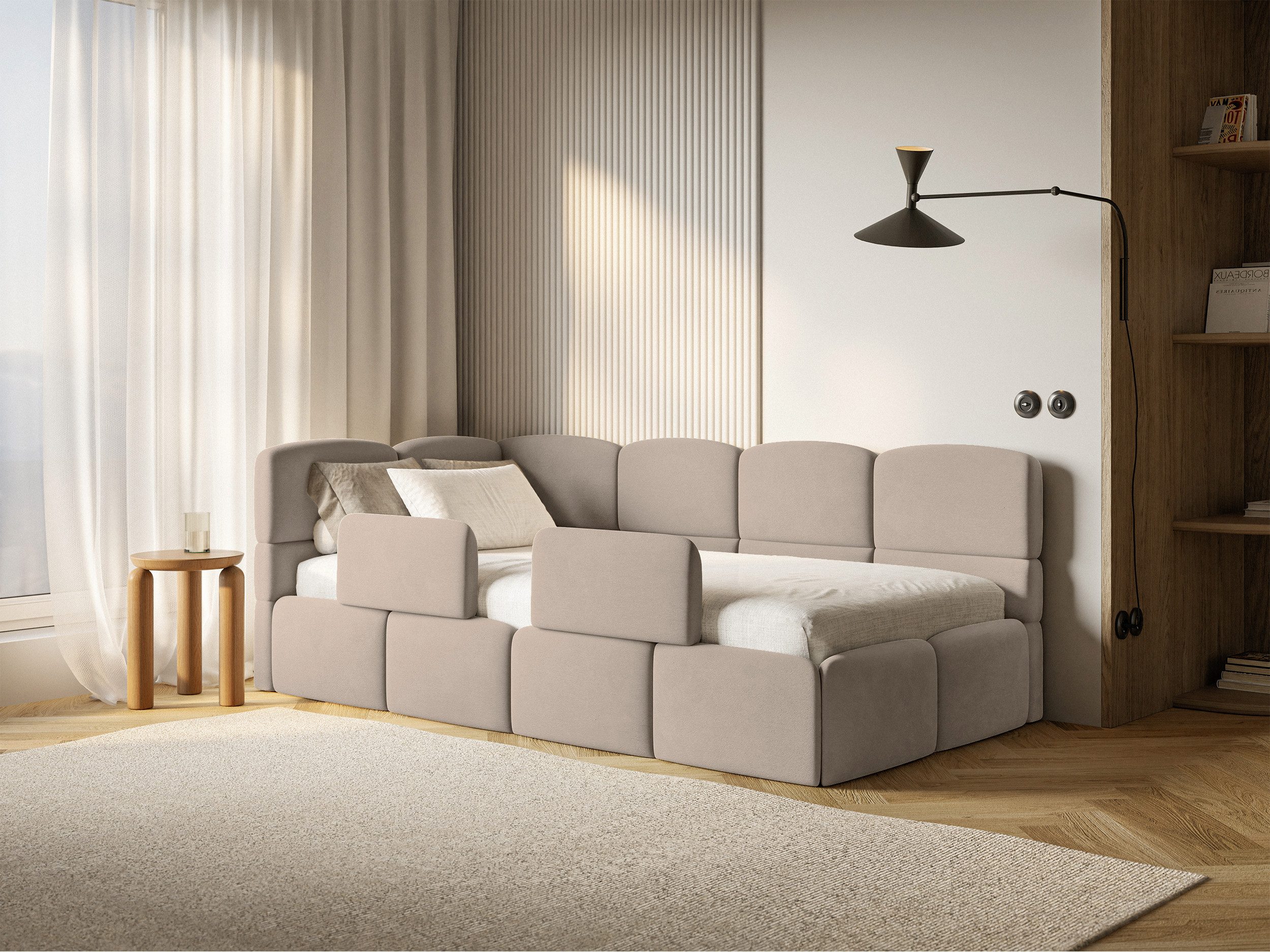 Selsey Kinderbett CLOUDY, Eck-Kopfteil, Matratze & Stauraum, Easy-Clean-Velours, 120x200 cm
