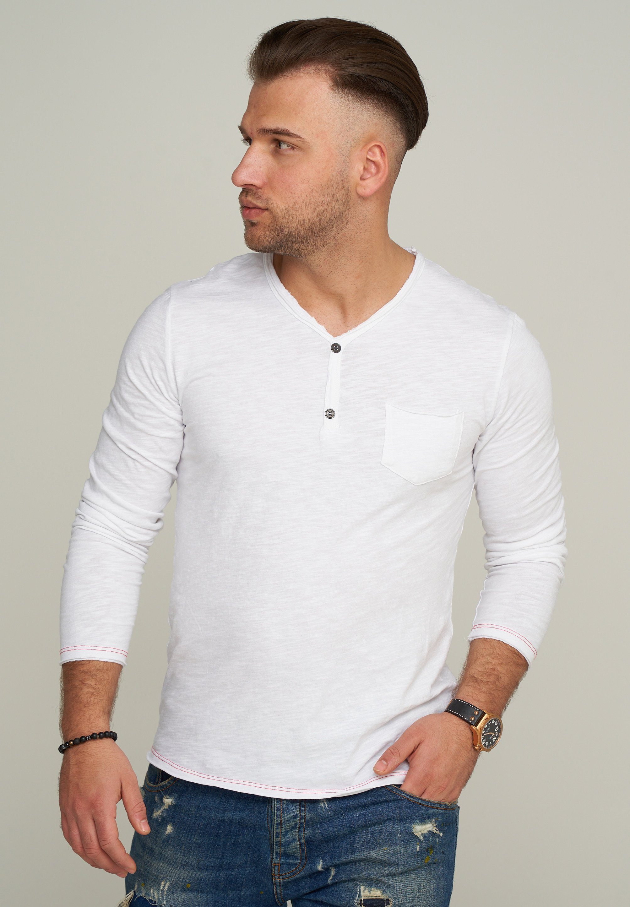 CARISMA Longsleeve CRSEWARD V-Neck mit Knopfleiste T-Shirt Weiß