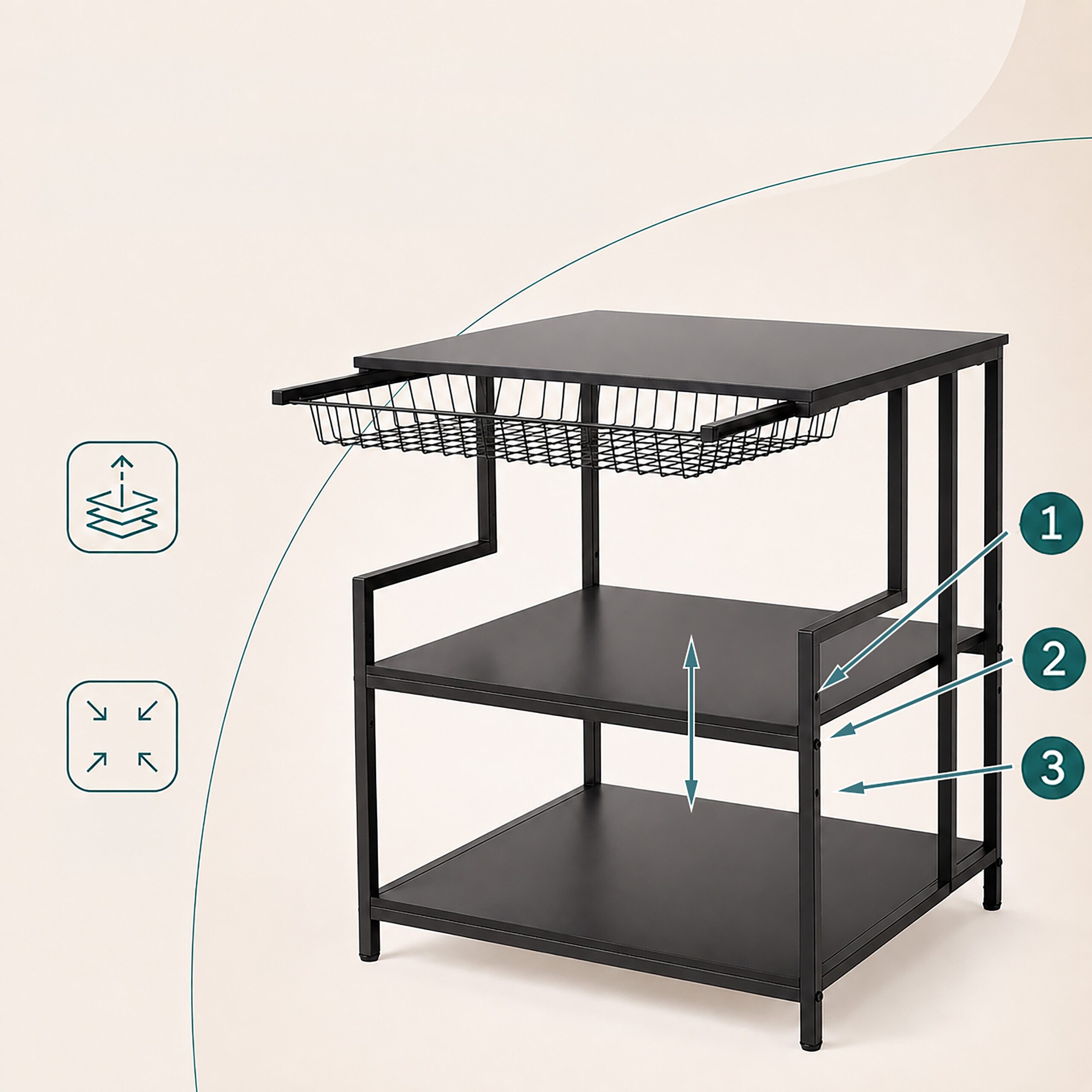relaxdays Druckertisch mit 3 Ebenen (1-St), schwarz – Bild 5 von 5