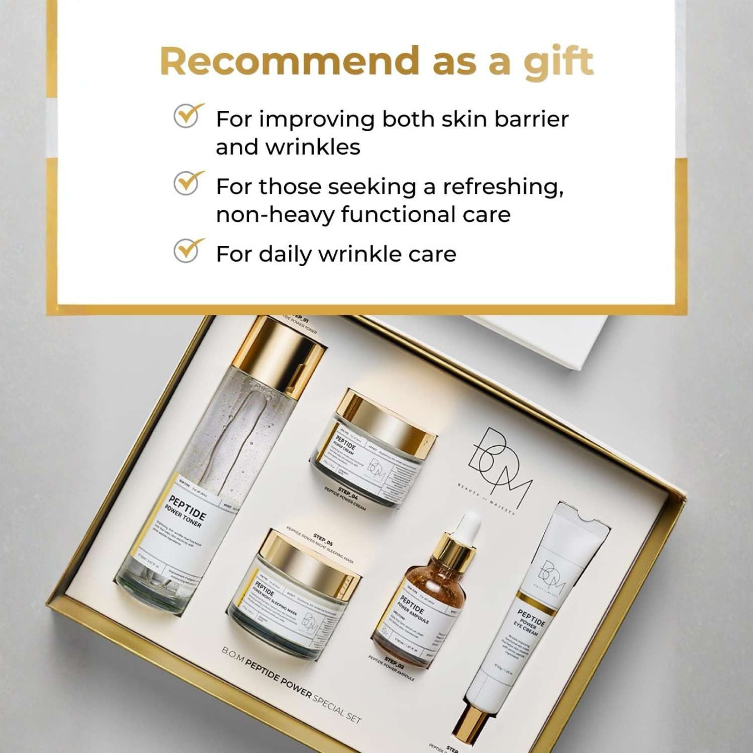 Beauty of Majesty Hautpflege-Set Peptide Power Gift Set 5-teilig – Koreanische Hautpflege mit Penta- Peptiden und 24K Gold, Toner + Ampoule + Cream + Eye, Cream + Sleeping Mask, K-Beauty Anti-Aging Set