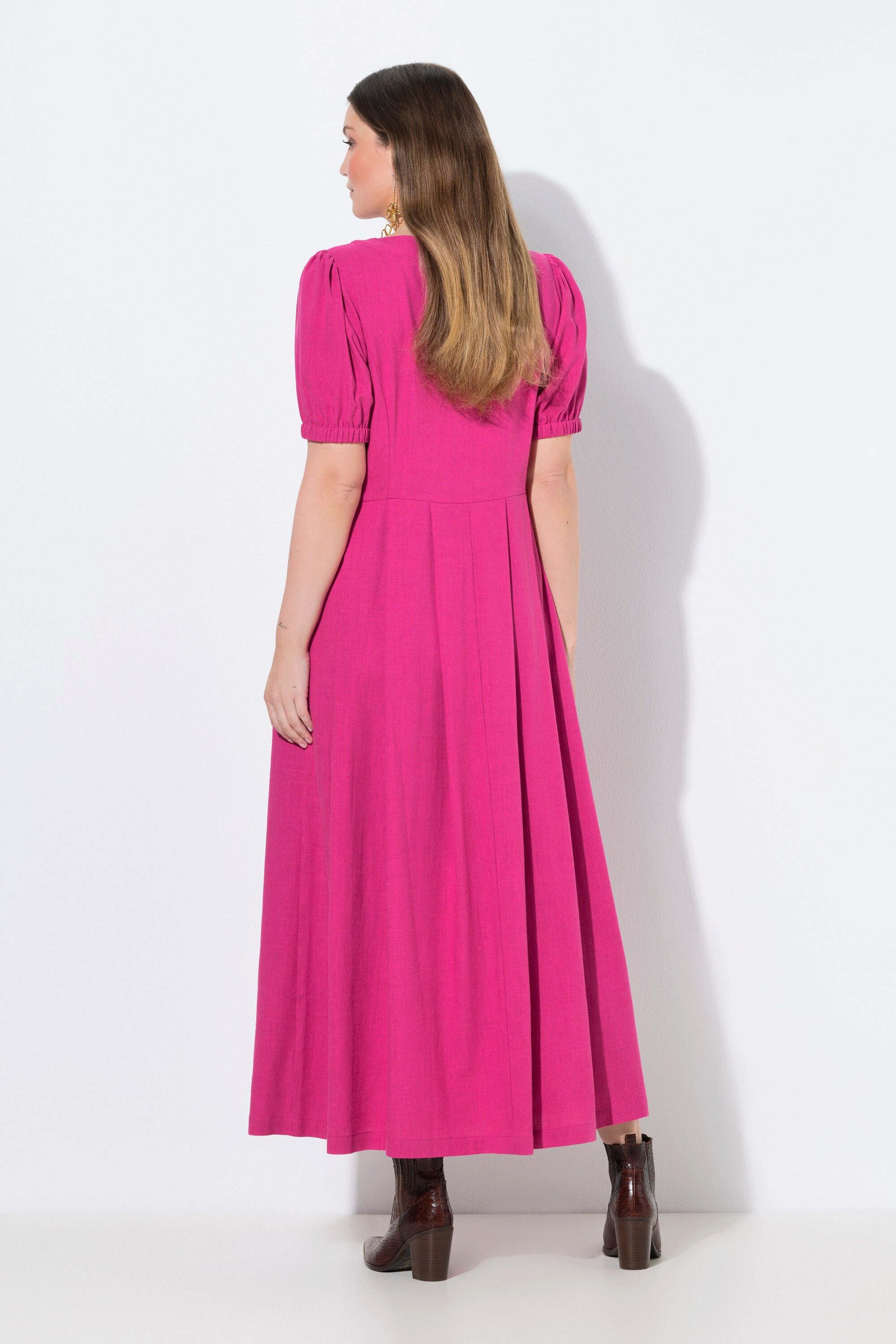 Ulla Popken Dirndl Maxikleid Smokeinsätze Rundhals Halbarm Leinenmix