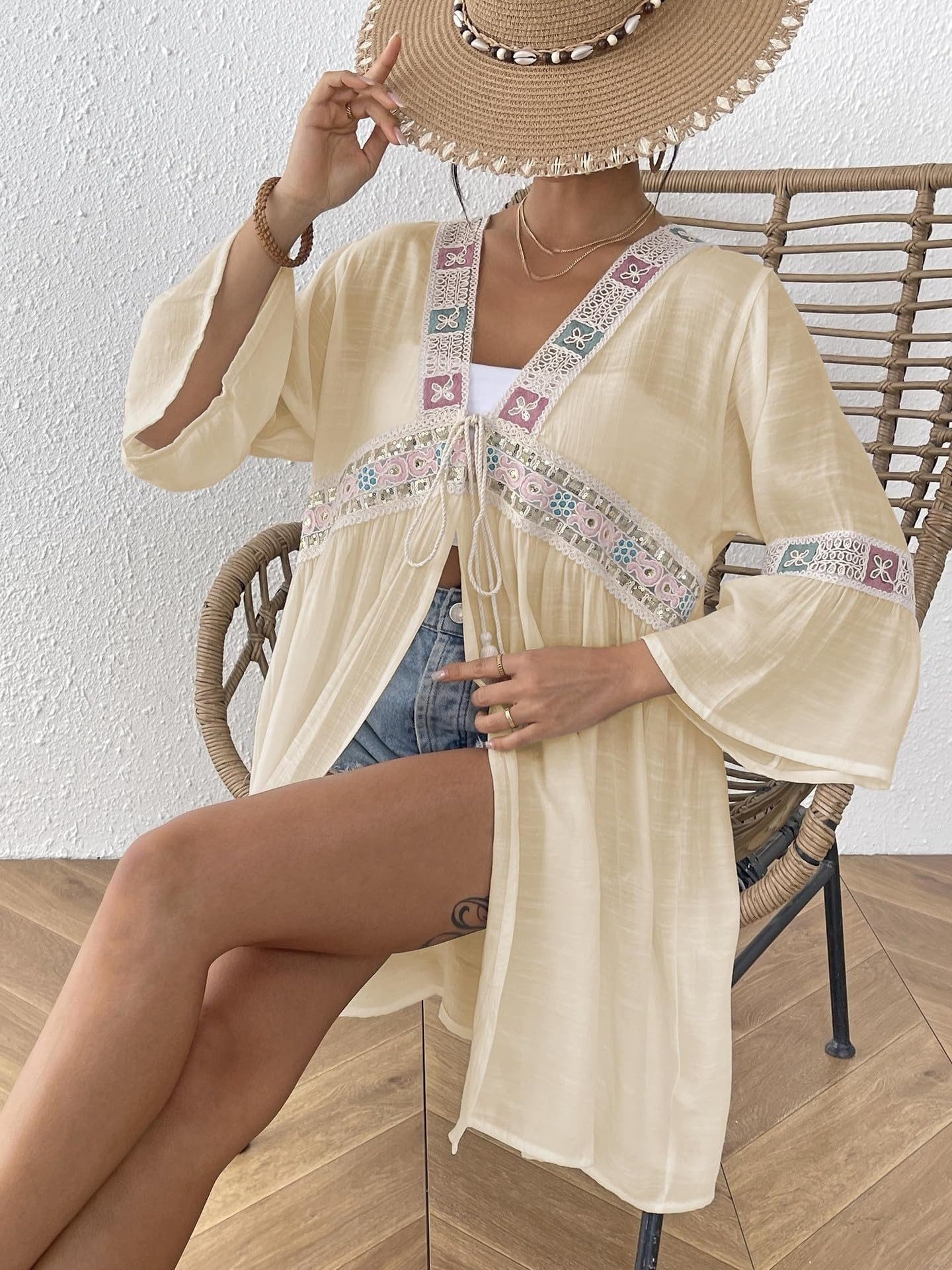 MOPUEA Strandkleid Kimono Strand Cardigan Bikini Cover Up Damen Swim Cover Ups (Boho Beach Beachwear Kimono Cardigan Strand Damen Lang Sommer, 1-tlg., Floral gehäkelte Strandbluse, V-Ausschnitt Transparent) Sommer Cardigans für Damen, Zum Binden Vorne, Strand Überwurf, Cape