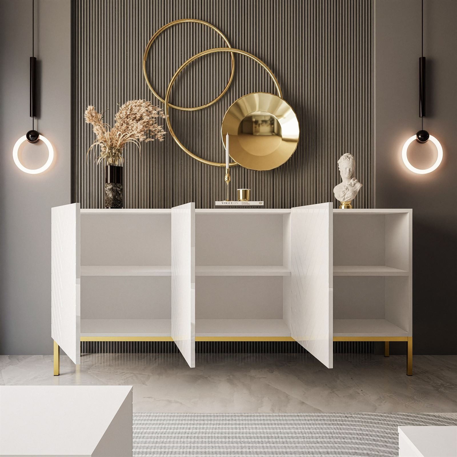 ALLHOUSE24 Kommode ELISE 160 Fischgrätenfront Hochglanz GOLD Metallgestell BERLIN, Breite 160 cm