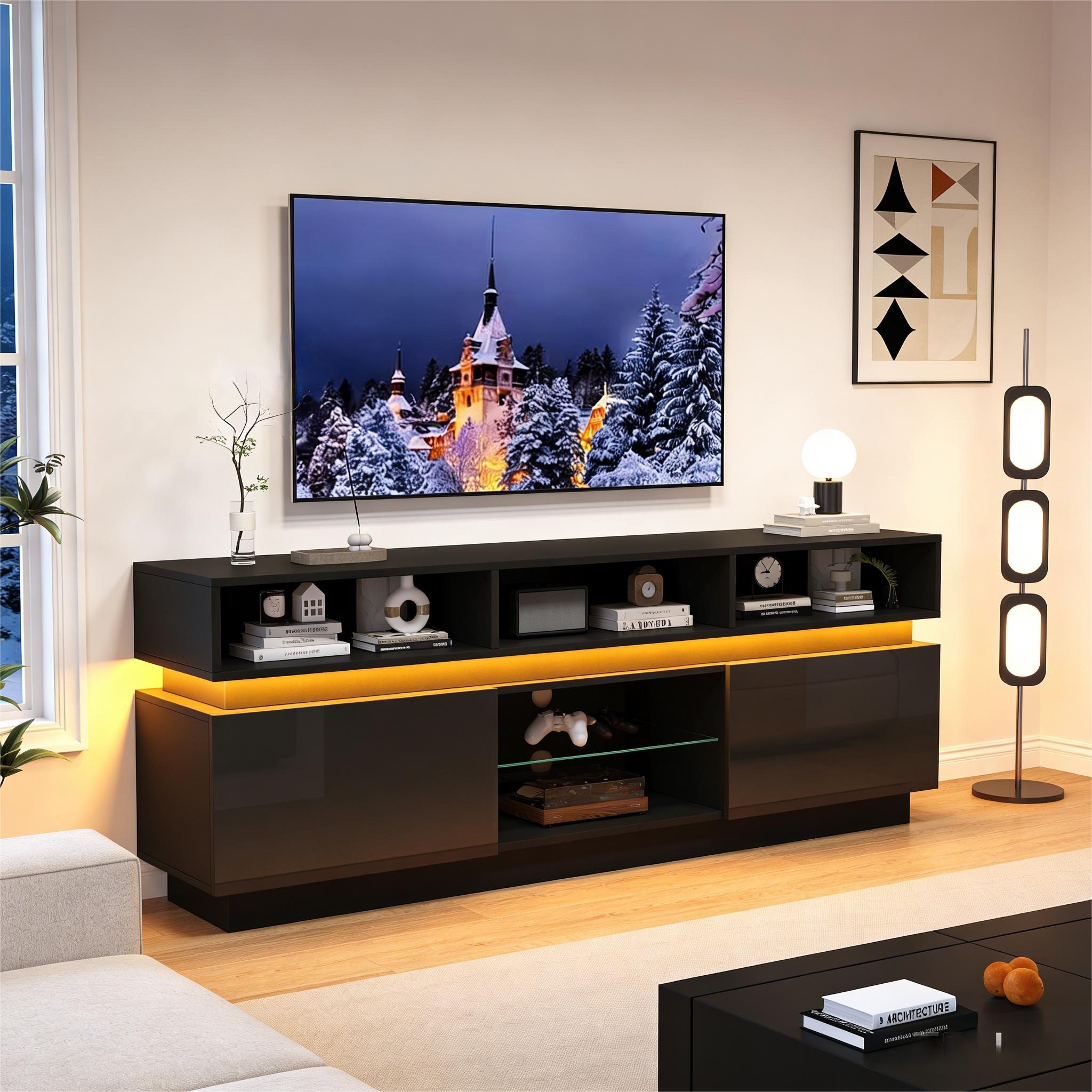 KLAM HOME Lowboard Weißer TV Lowboard 160cm mit LED & Glasablage (Hochglanz TV-Schrank für 60 Zoll mit 10 Fächern), Wohnzimmer TV-Ständer 160×35×60cm aus MDF