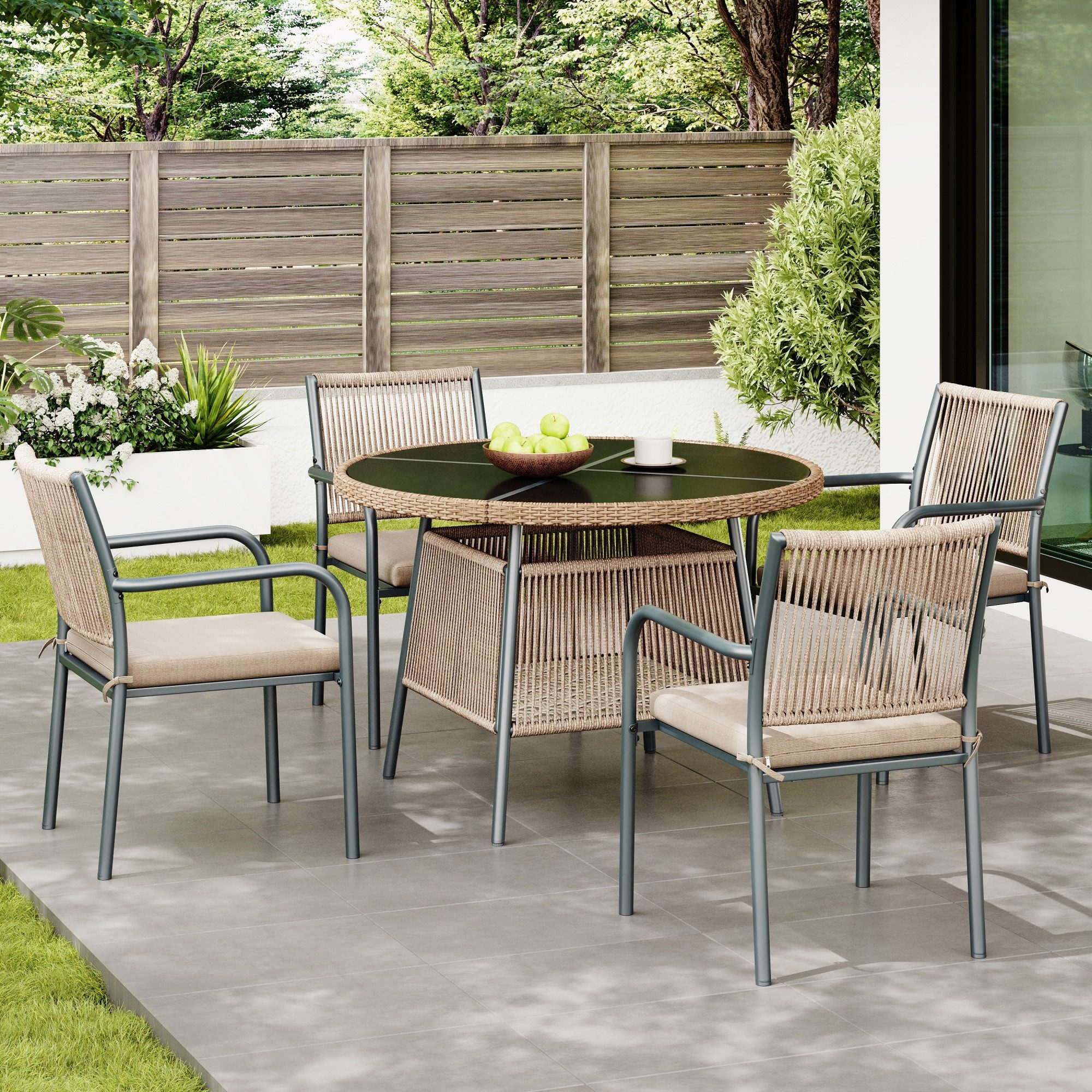 Merax Gartenlounge-Set Polyratten Gartenmöbel-Set mit Eisengestell, inkl. Sitzkissen, (5-tlg), 4-Sitzer Balkonset Sitzgruppe mit rundem Glastisch & 4 Armlehnstühlen