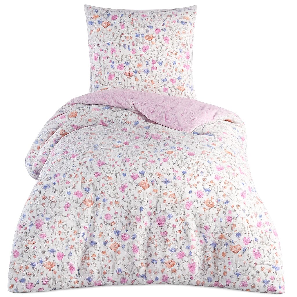 Leonado Vicenti Wendebettwäsche 155x200 Bezug 80x80 Kissen Set Hochwertige Polycotton Rosa Blumen, Renforcé, 2 teilig, mit verdecktem Reißverschluss, Wendebettwäsche