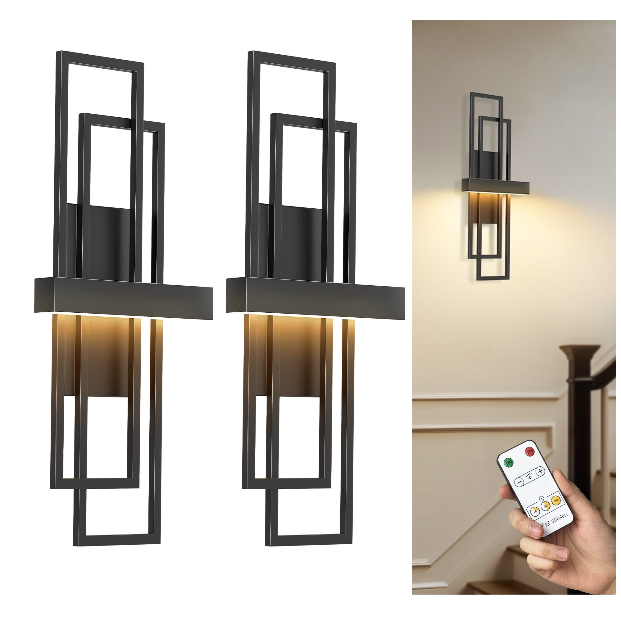 LOHAS-LED Wandleuchte Aufladbare geometrische Metall-Wandleuchten 2er-Set matt schwarz, LED fest integriert, Warmweiß, 8000mAh Akku mit Touch & RF-Fernbedienung, stufenlos dimmbar