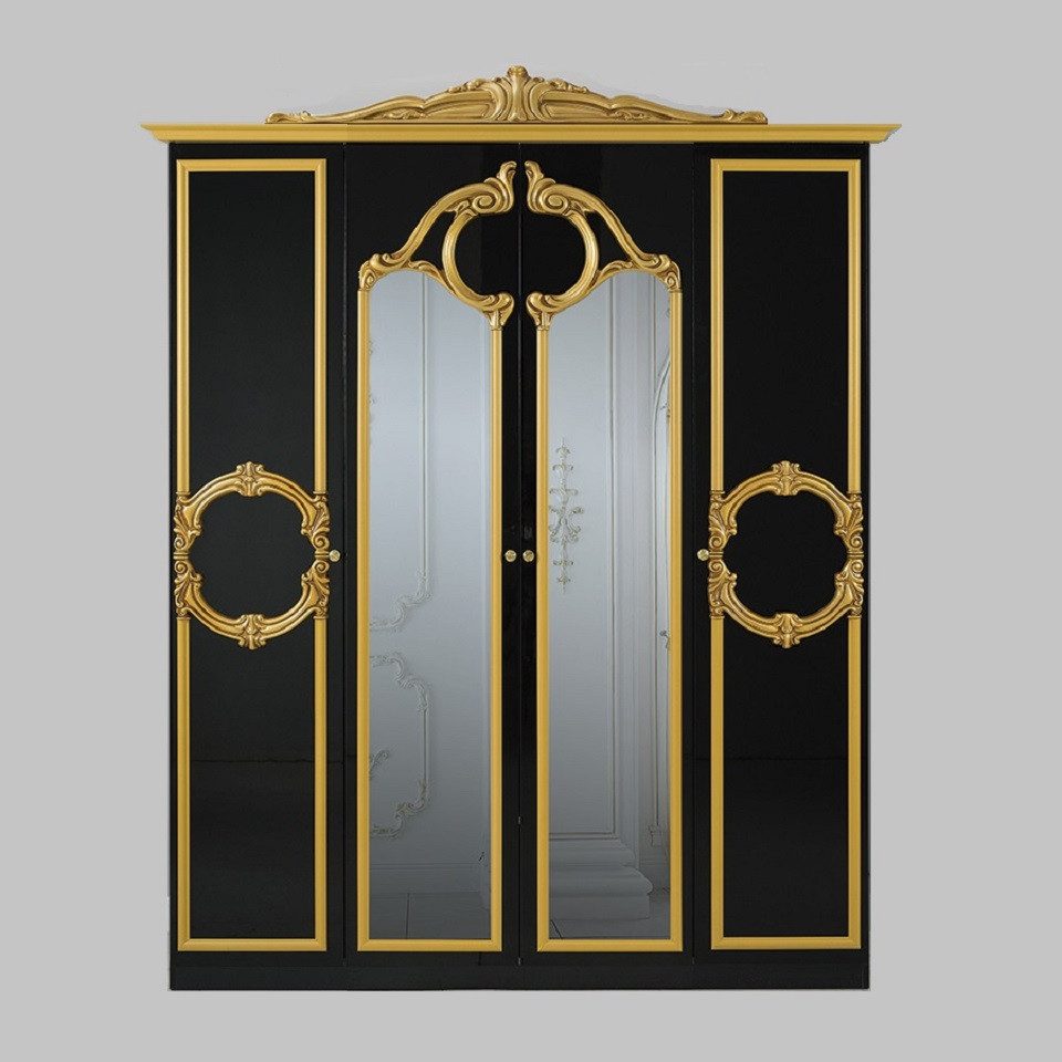 Interdesign24 Schlafzimmer-Set Donna, (4-Teilig, inkl. Spiegeltüren und Polsterung im Kopf- und Fußteil, im ausgefallenem Barock-Stil), Bett 160 x 200 cm, in Hochglanz Schwarz/Gold