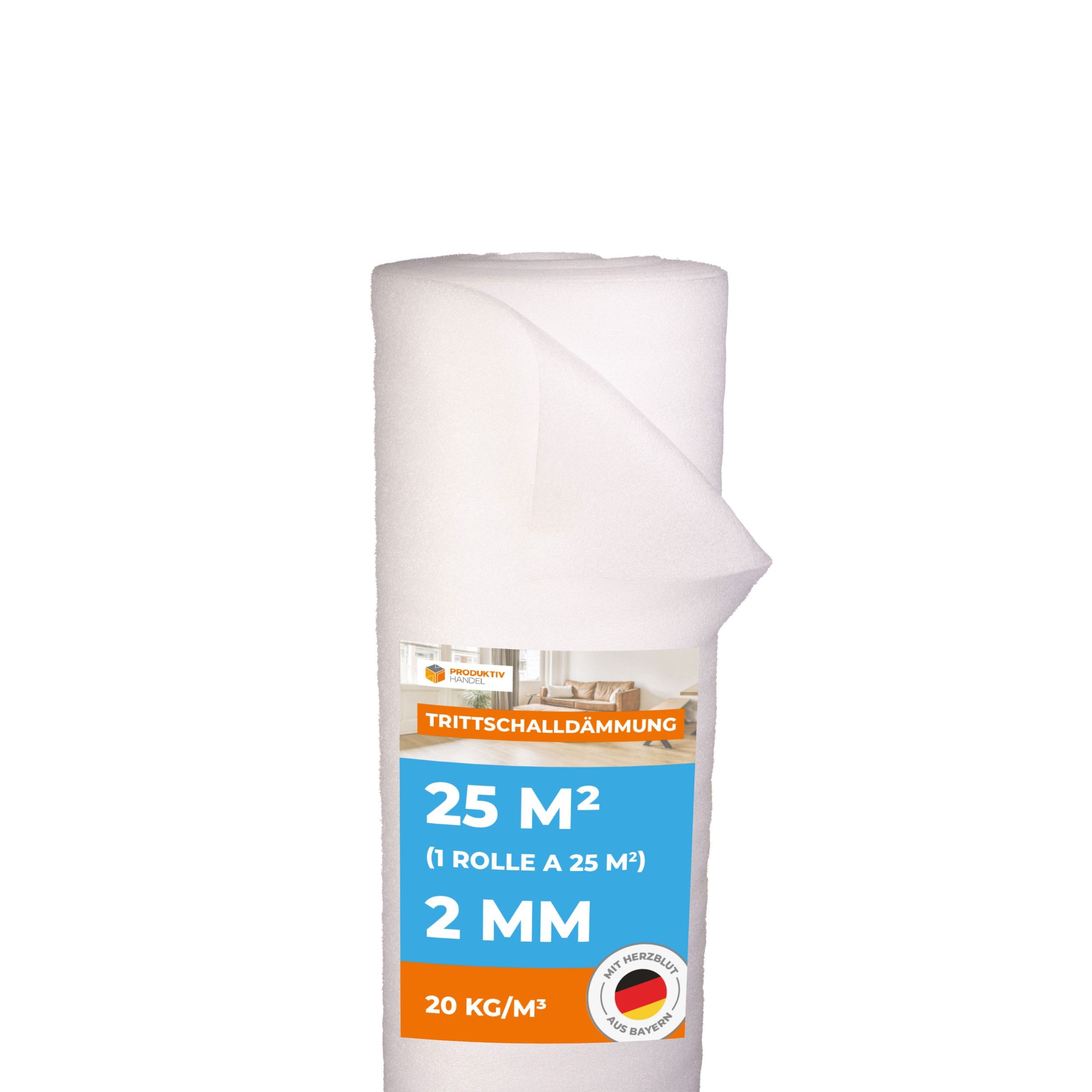 Produktiv Handel Trittschalldämmfolie Trittschalldämmung Profi Basic 2 mm, 2 mm Stärke, für Laminat und Parkett, (25 m², 1 Rolle á 25 m), für Fußbodenheizung geeignet