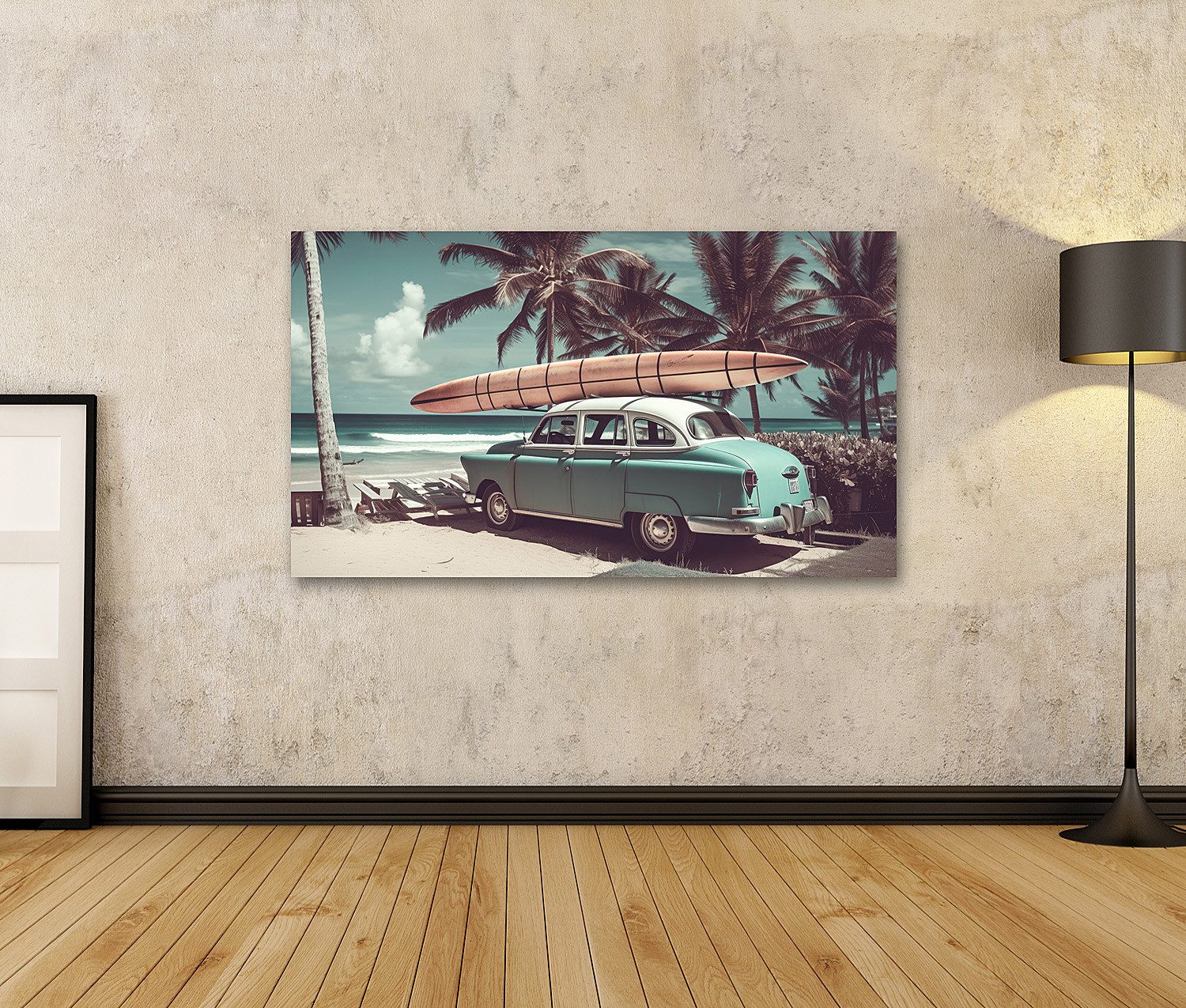 islandburner Leinwandbild Altes Auto Surfbrett Altes Auto Surfbrett Bilder – Bild 2 von 3