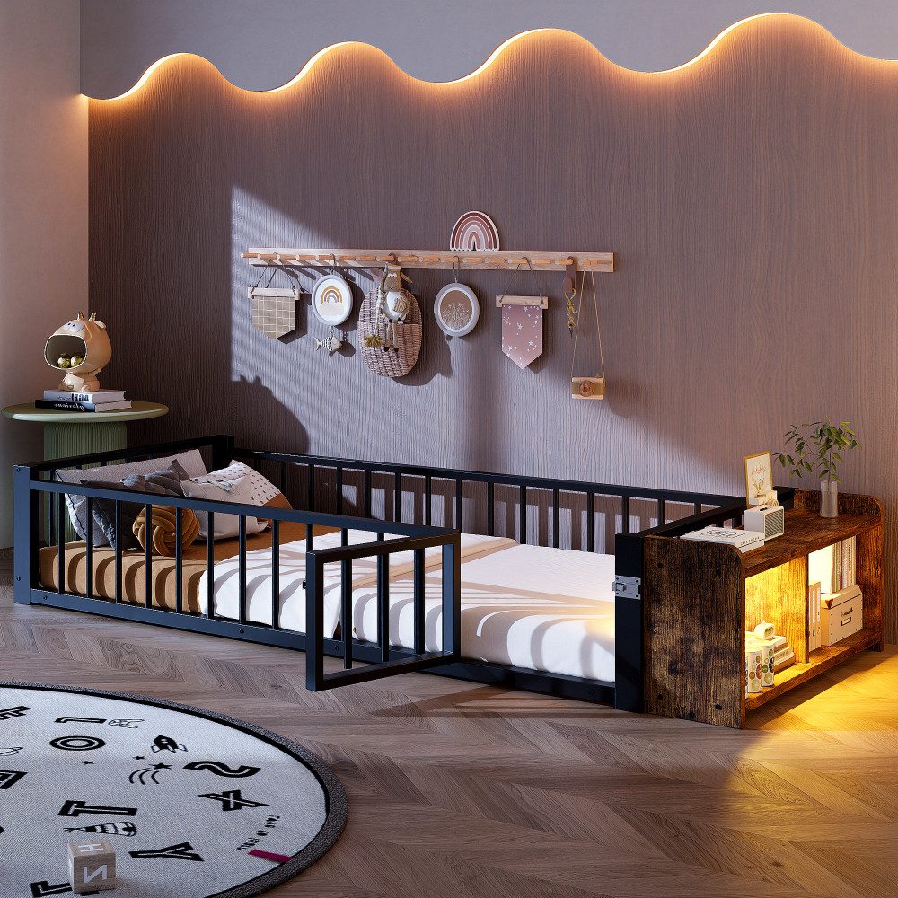 BBWL Metallbett mit Schutzgeländer, LED-Beleuchtung, Stauraum, Eisenrahmen Kinderbett, Metallbett 90x200 cm Flachbett , ohne Matratze