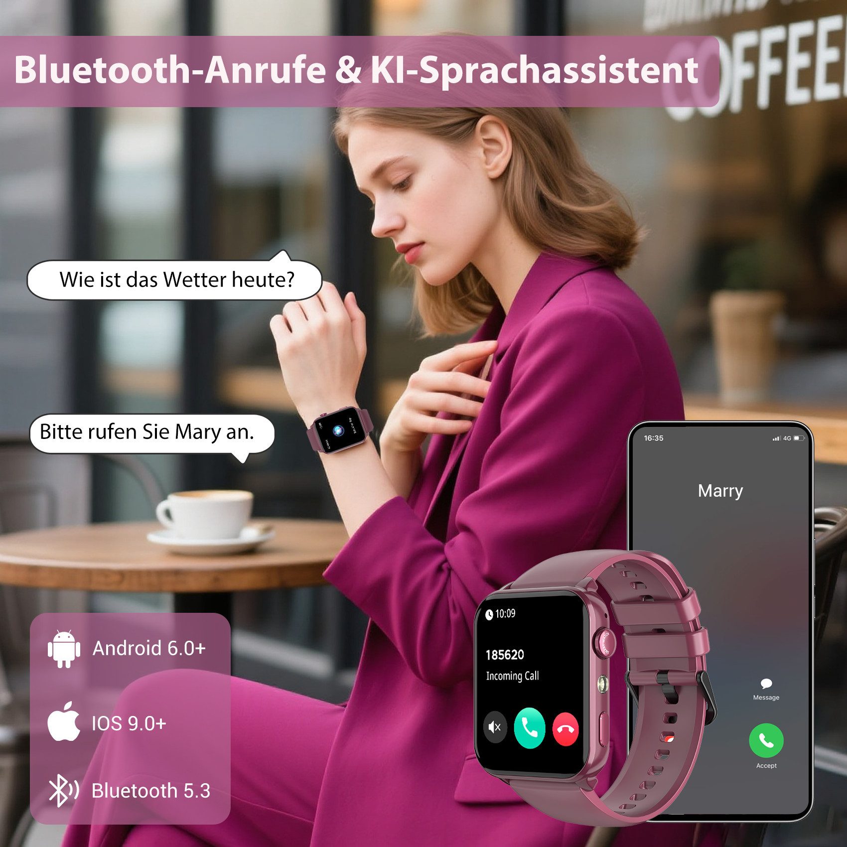 blackview Smartwatch Herren Damen, LED-Leuchte, 350mAh (6 Tage), 2 Armbänder Smartwatch (1.91 Zoll, iOS/Android), mit Wechselband aus weichemSilikon und Ladekabel, Antwort & Anruf tätigen,Herzfrequenz,Schlafmonitor,SpO2,Schritten,IP68