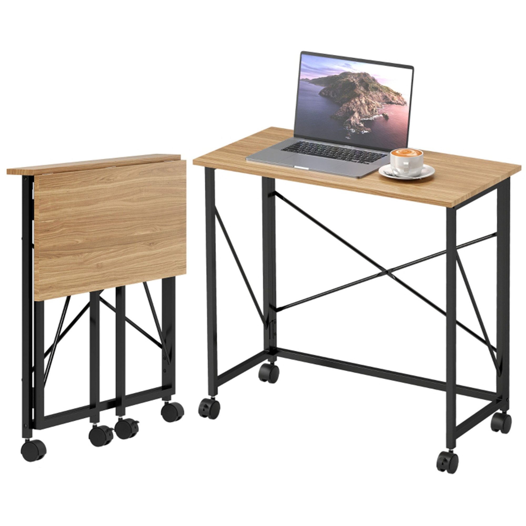MC Star Schreibtisch Klappbar Kleiner 80 cm Klappschreibtisch mit Rollen Platzsparend (Computertisch für Home Office, Eiche)