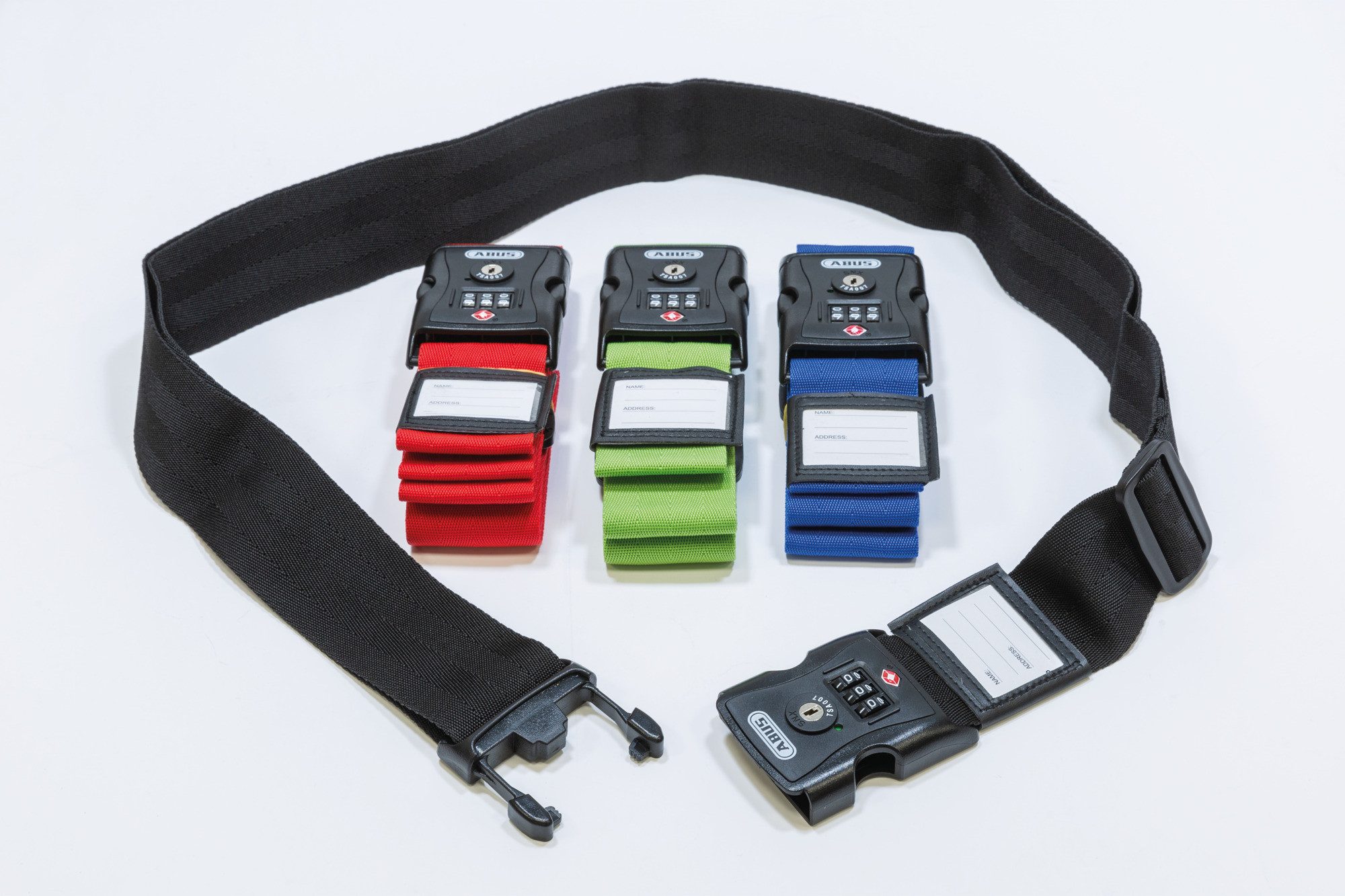 ABUS Koffergurt Kofferband-Schloss 620TSA/192 - USA Reise, Zahlencode, 2 Stk., Schwarz, Individuell einstellbarer dreistelliger Zahlencode, mit Adressetikett