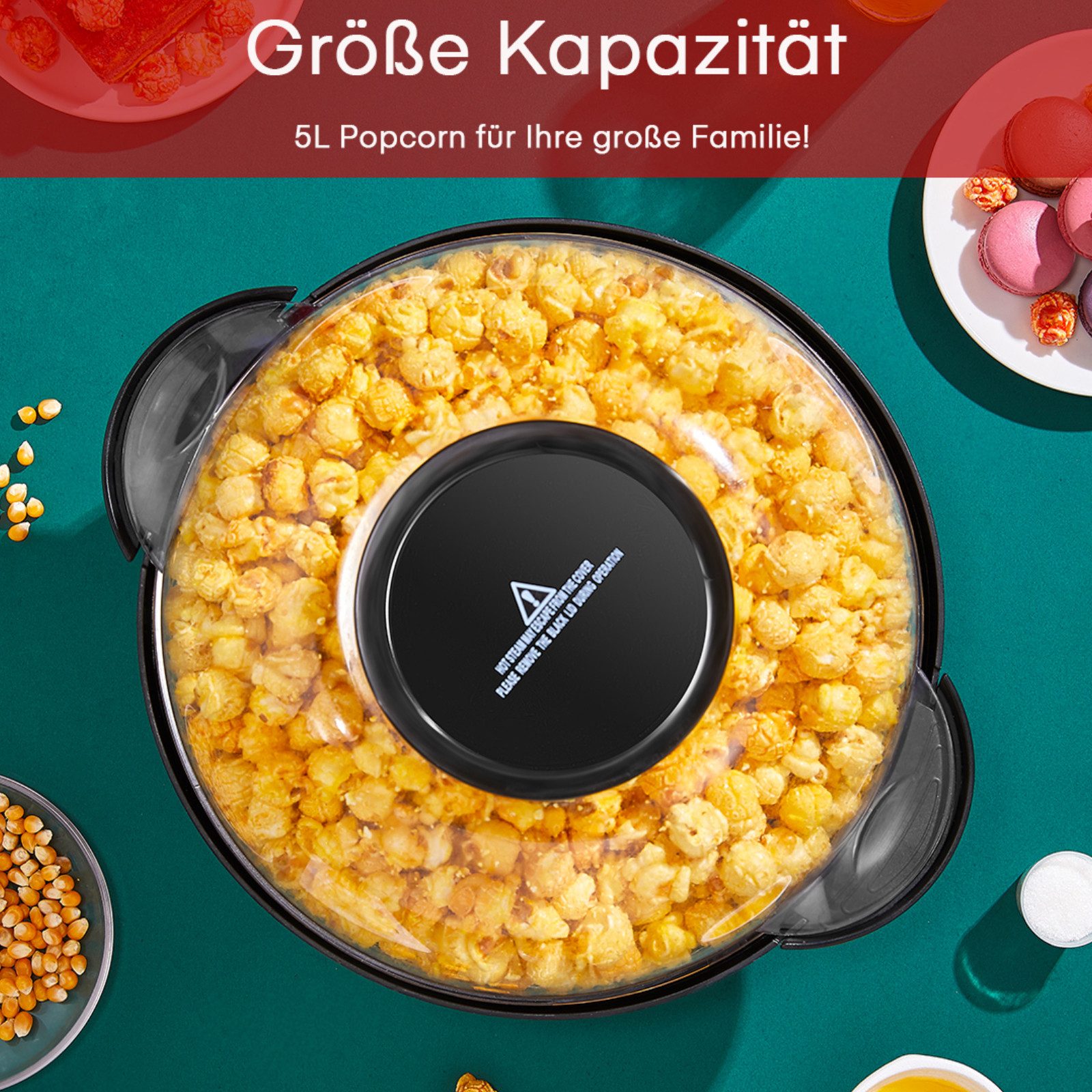 FOHERE Popcornmaschine 5.5L Popcorn Maker für Zuhause, Automatisches Rühren, Popcorn-Schüssel, Messbecher, 180°-Drehfunktion