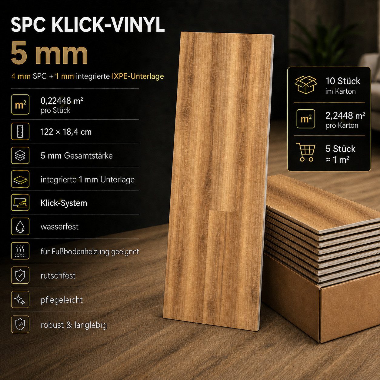 Berti Graf Designboden SPC Vinylboden 5 mm Klick wasserfest mit Trittschalldämmung, kleberfrei, mit Trittschalldämmung, wasserfest, pflegeleicht