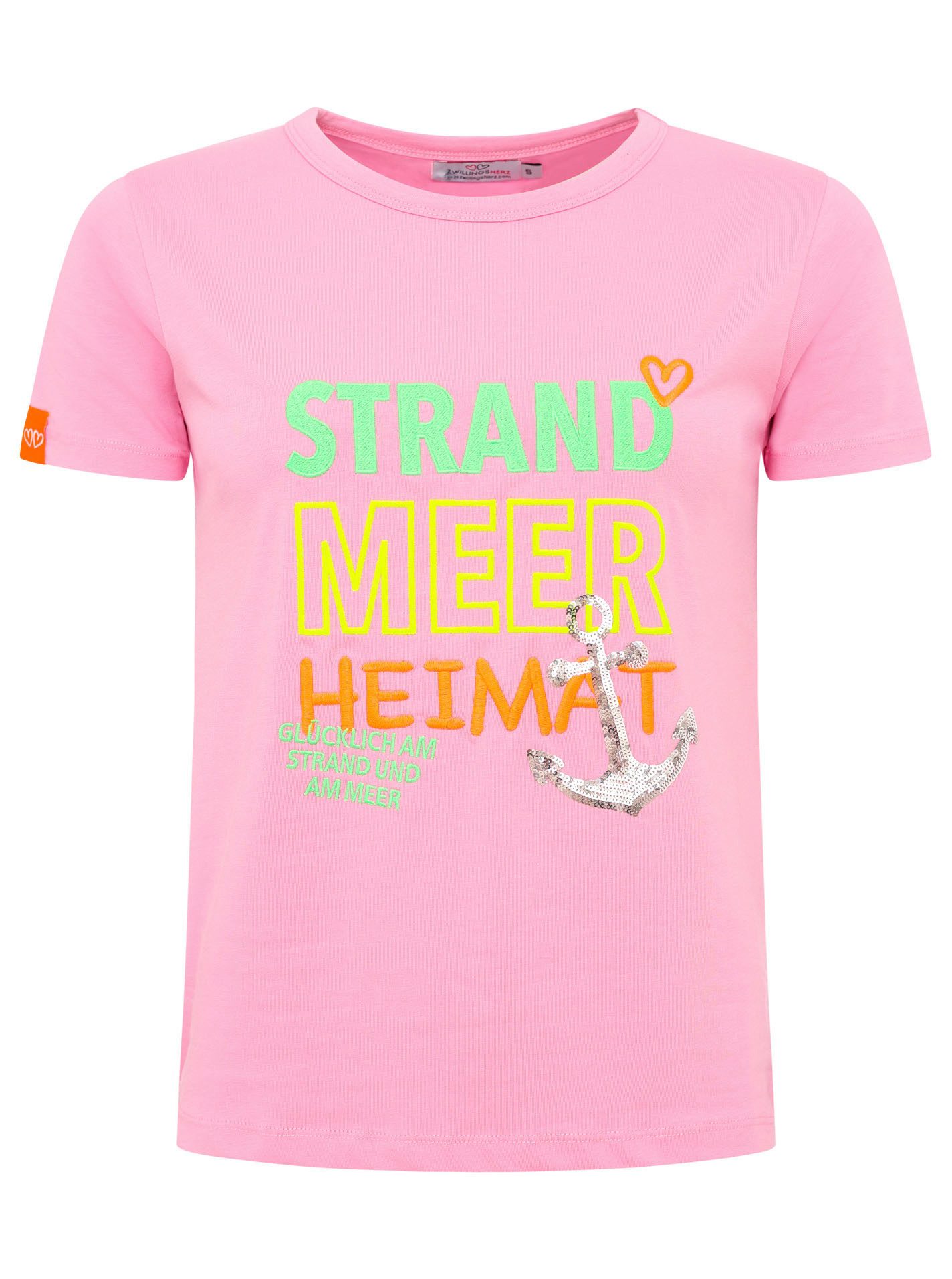 Zwillingsherz T-Shirt "Strand Meer Heimat" maritimer Stickerei, Pailletten, Kurzarm, Rundhalsausschnitt