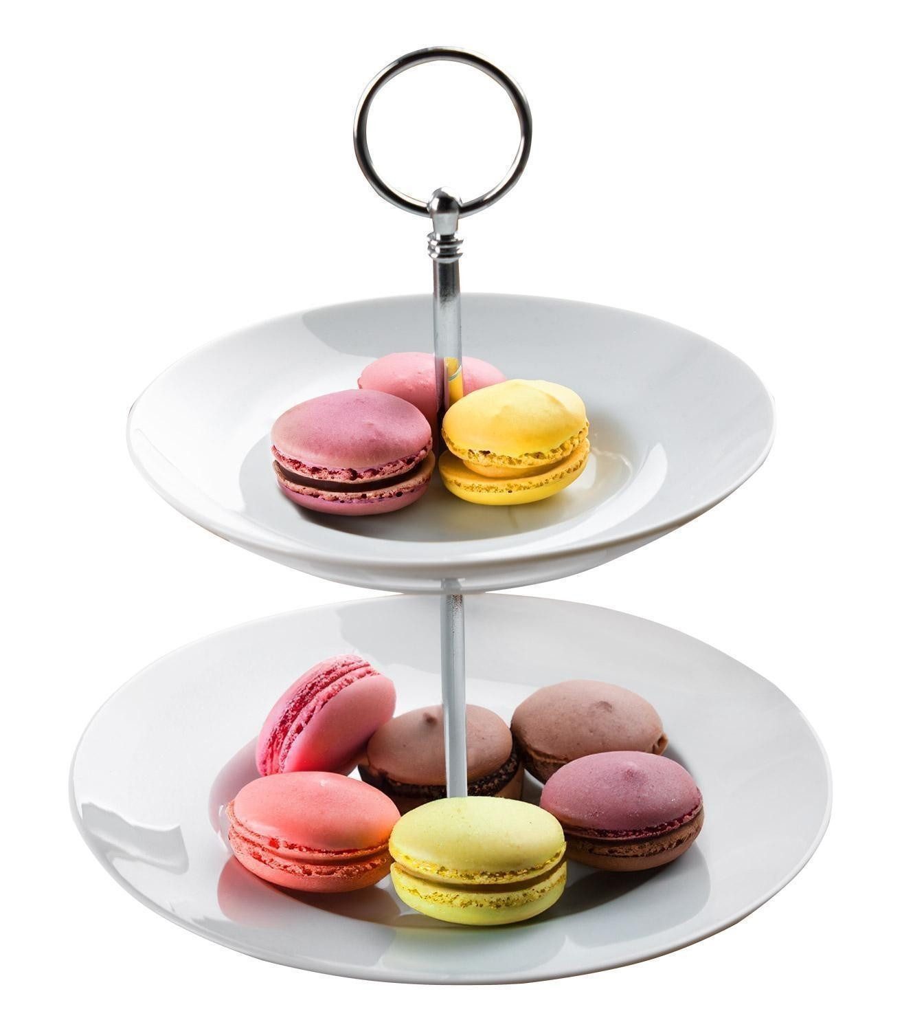 Home4You Etagere, Ø 21 x H 23 cm, Weiß, 2-stöckig, Metallgriff, Porzellan, für Desserts, Obst, Kuchen, Süßigkeiten
