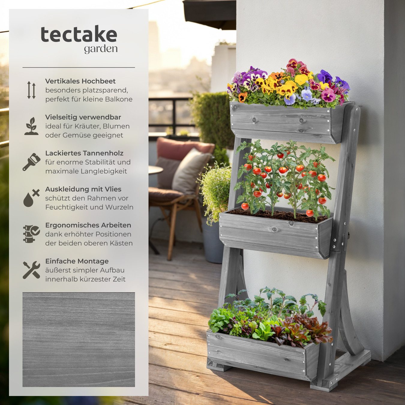 tectake Blumentopf Pflanzkübel, inklusive Pflanzvlies, 60 x 49 x 140 cm, 3 Etagen (Pflanzgefäß Flora, in grau), Lackiertes Tannenholz, wetterfest & standsicher, platzsparendes Design