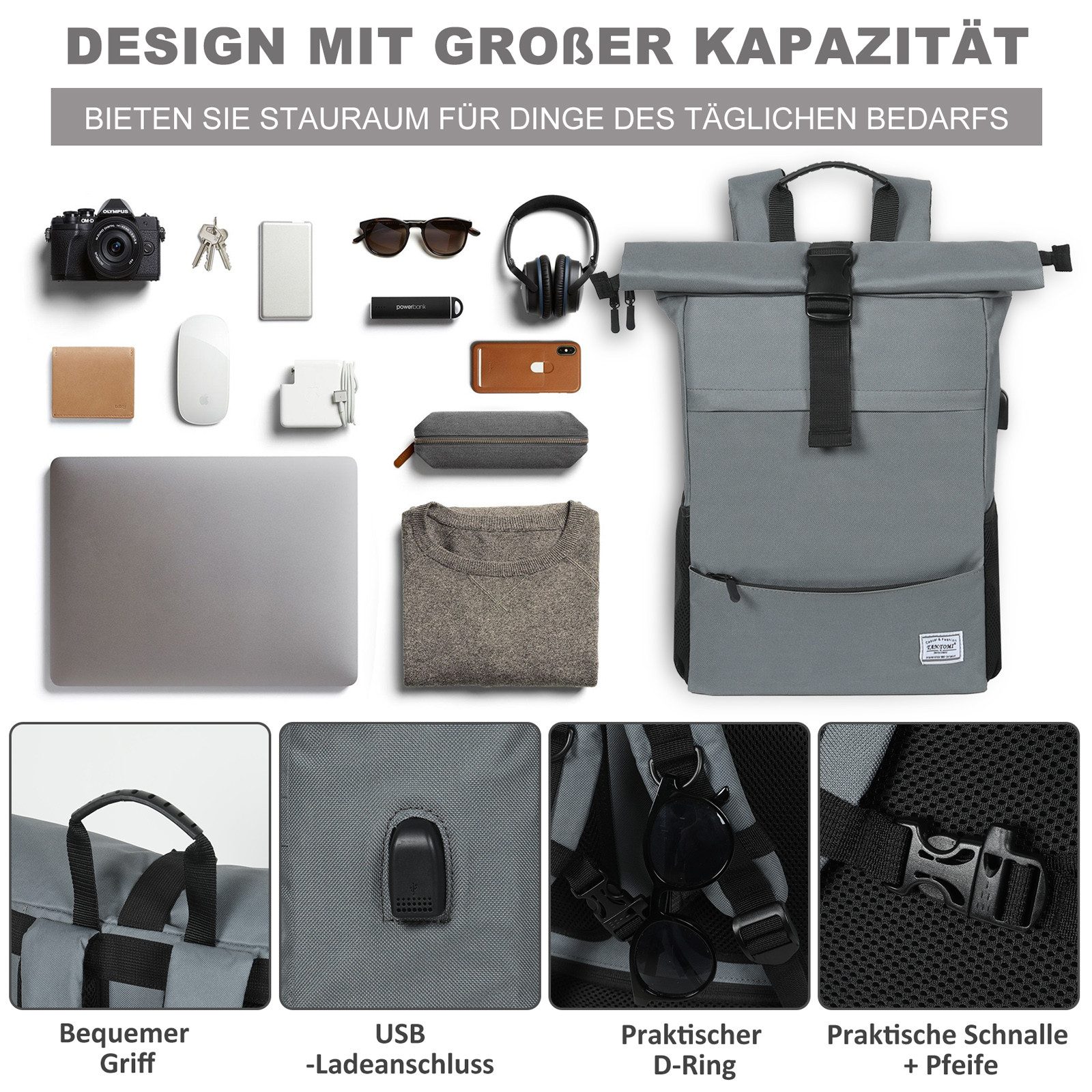 TAN.TOMI Cityrucksack Freizeitrucksack Groß Damen lässiger Rolltop Rucksack Herren Backpack (Arbeitsrucksack viele Fächer mit 15,6" Laptopfach/USB-Anschluss), Reiserucksack Lässiger Backpack Schule Freizeit Uni Arbeit Wandern