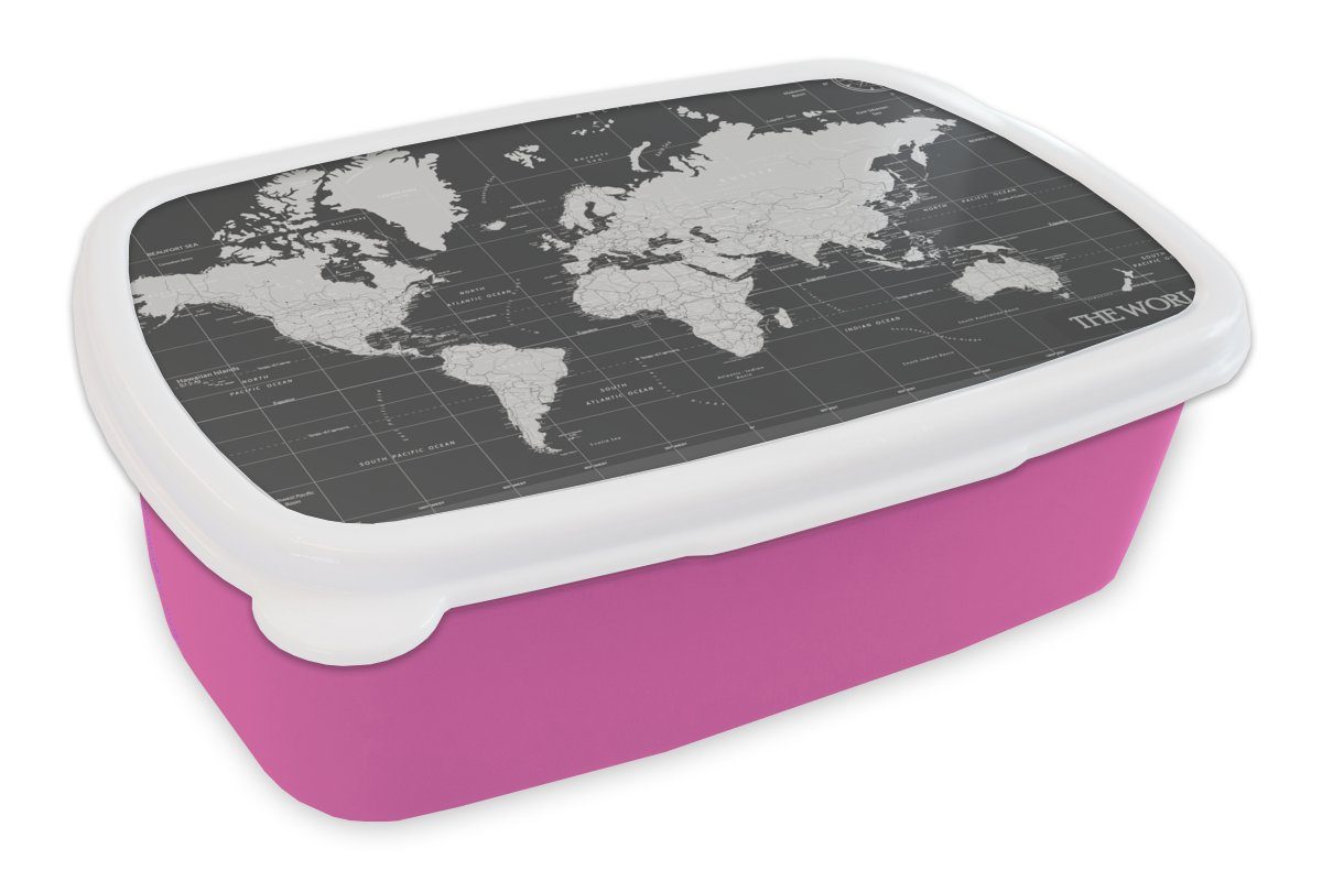 MuchoWow Lunchbox Weltkarte - Schwarz - Weiß - Welt, Kunststoff, (2-tlg), Brotbox für Erwachsene, Brotdose Kinder, Snackbox, Mädchen, Kunststoff rosa