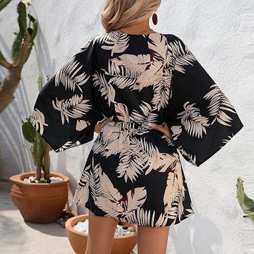 KIKI Strandkleid Sommerkleid mit Blättermuster und Dreiviertelärmeln
