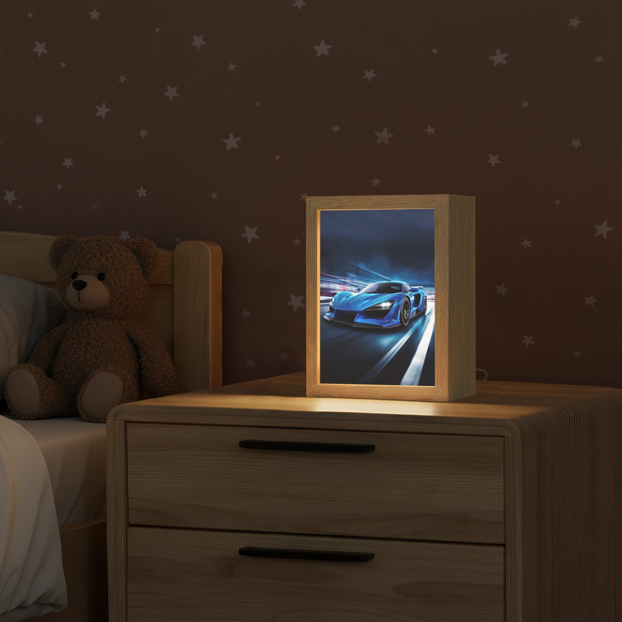 OnlyWow Nachttischlampe Lightbox Auto - Blau - Jungen - Kind, Dimmbar, Farbwechsel, LED, Warmweiß, Kaltweiß, Neutralweiß Einstellbar, Kinderzimmer, Babyzimmer, Dimmbar, mit Kabel, Nachtlampe, LED
