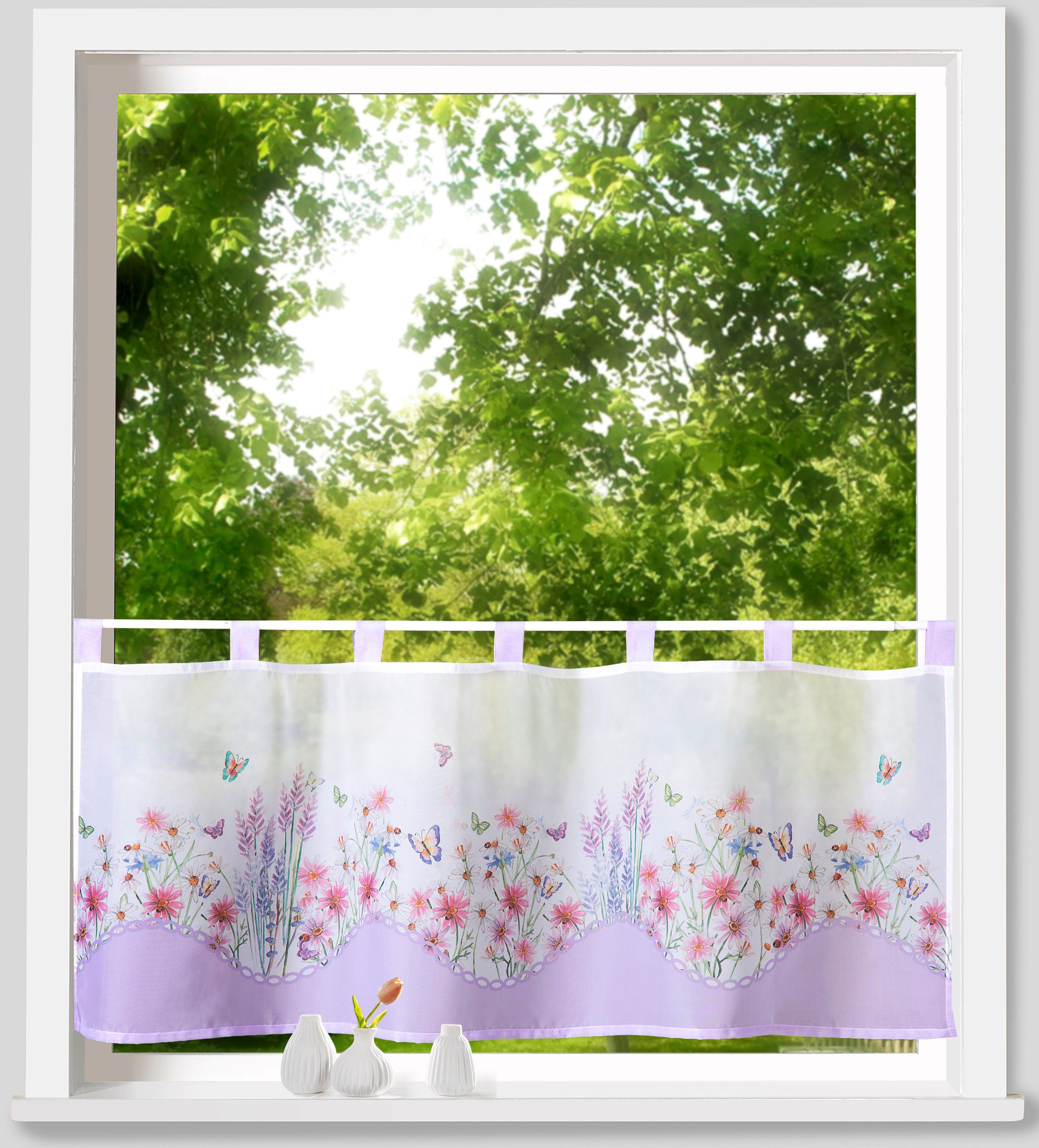 Weckbrodt Scheibengardine Leonie (1 St), Schlaufen, halbtransparent, Voile, Bistro, Voile, bedruckt, floral, HxB 45x120cm, Gardine, Store